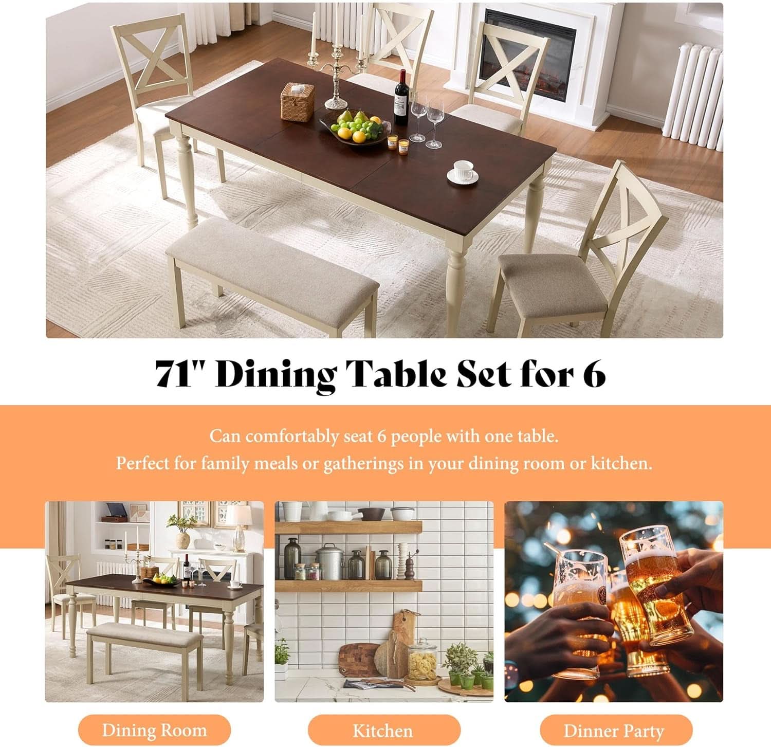 71 Inch Premium Solid Wood Dining Table Walnut Finish