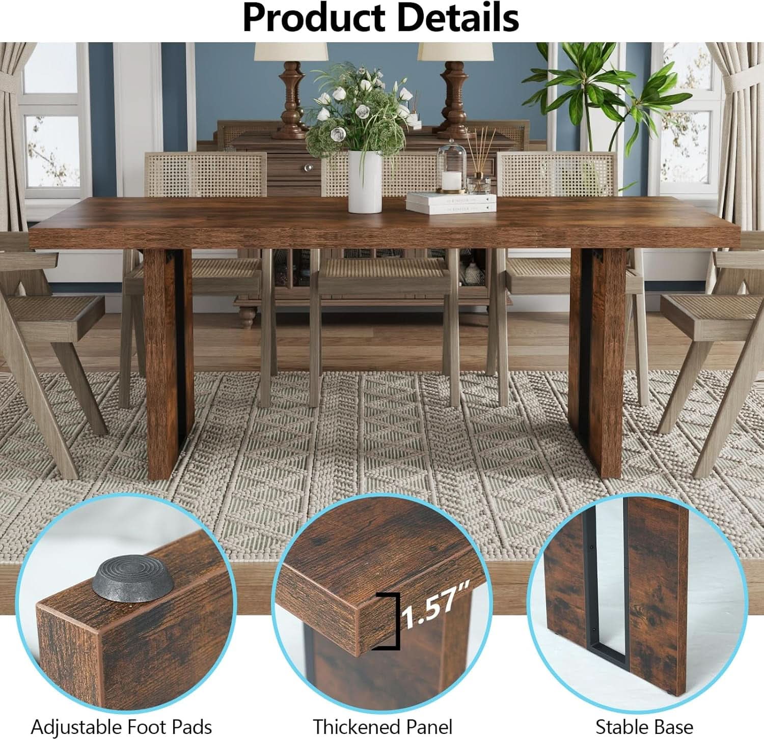 71 Inch Rustic Dining Table For 6 To 8 With Heavy Duty Legs