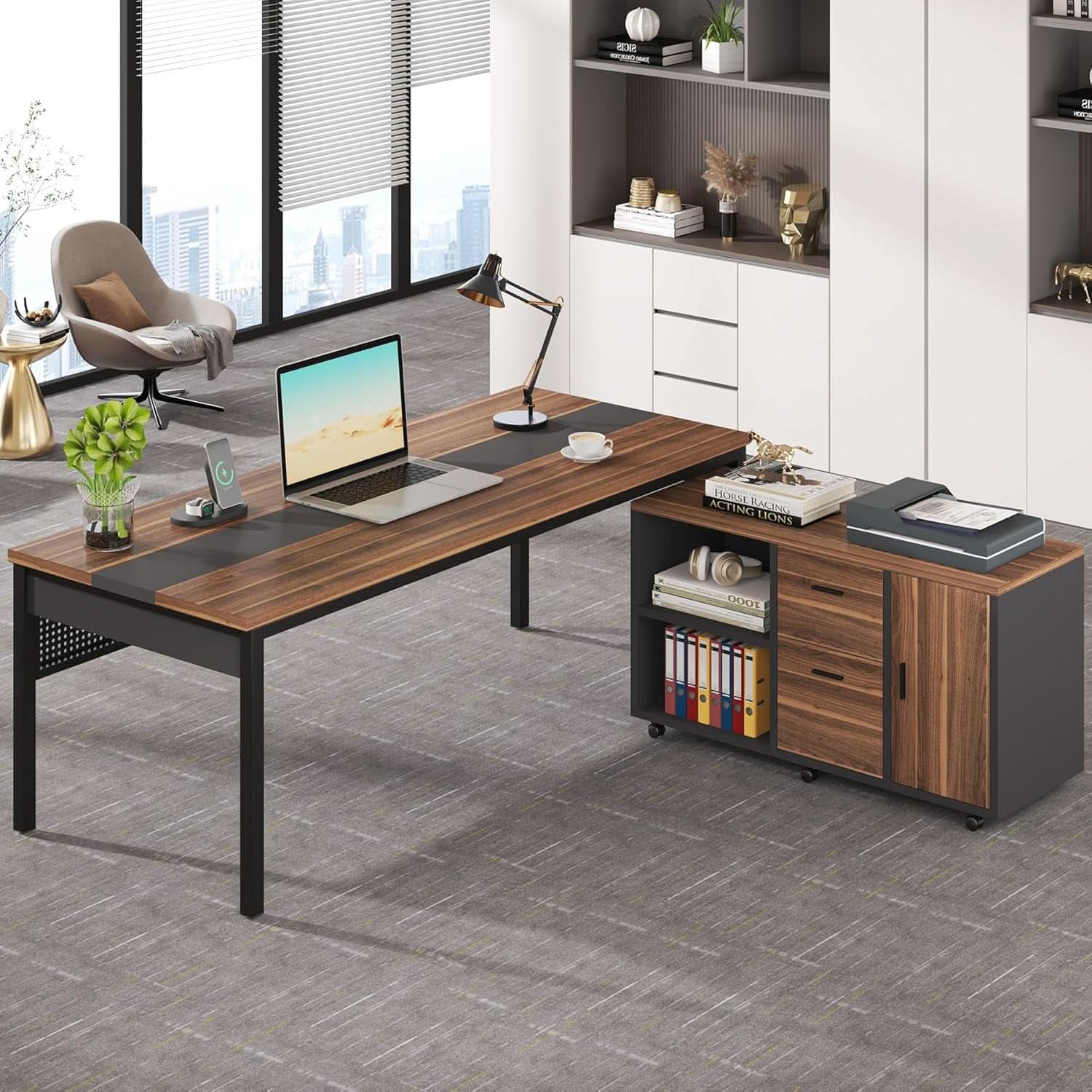 71 Inch Walnut Executive L Shaped Desk With File Cabinet