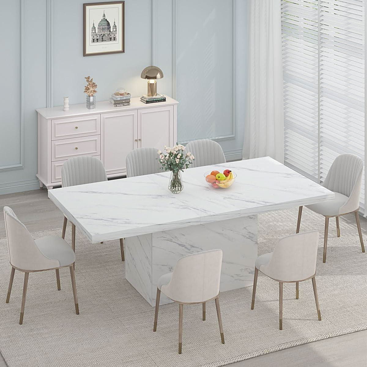 71 Inch White Faux Marble Dining Table With MDF Top