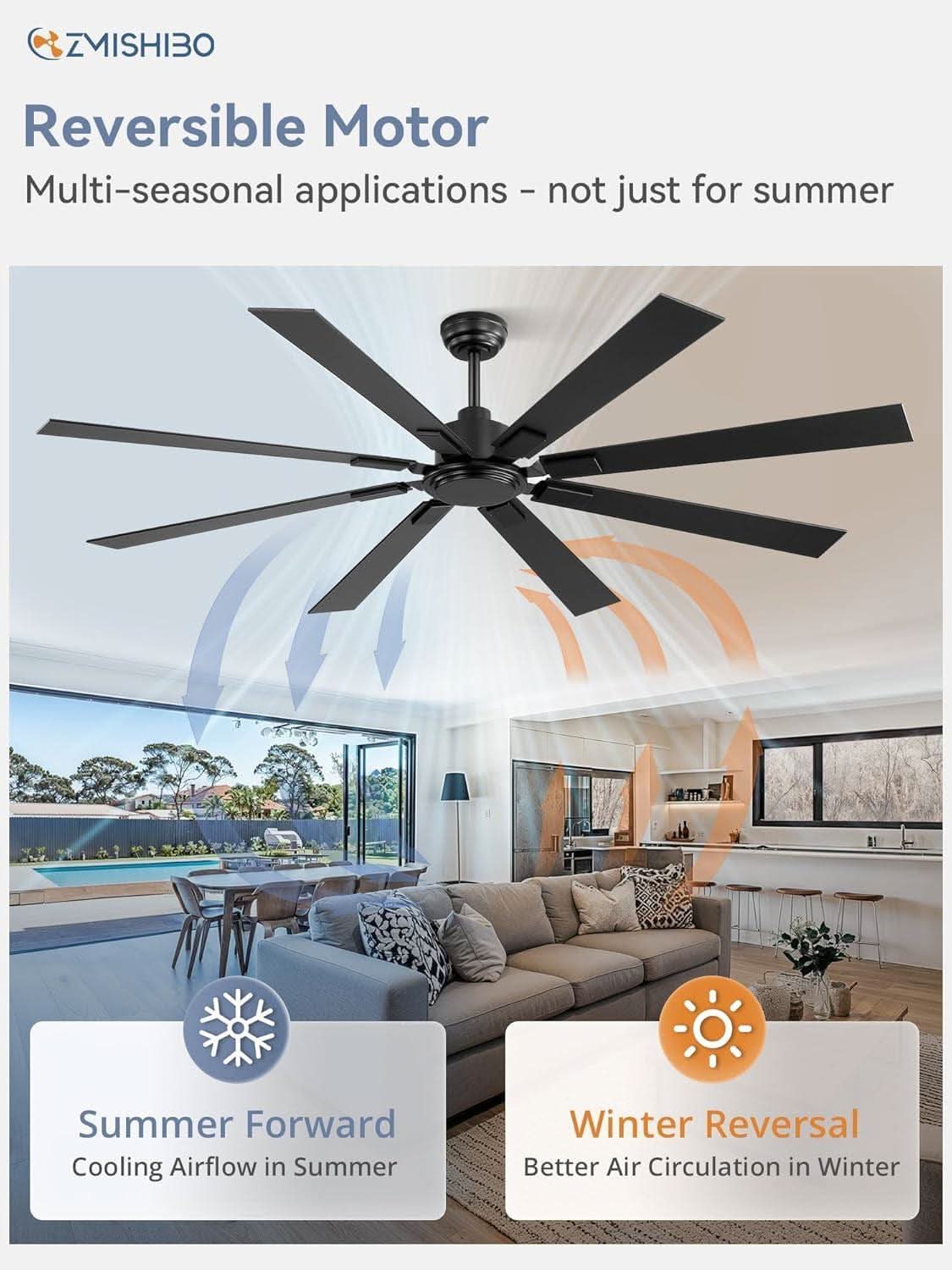 72 Inch Black Ceiling Fan With Remote 8 Blades DC Motor