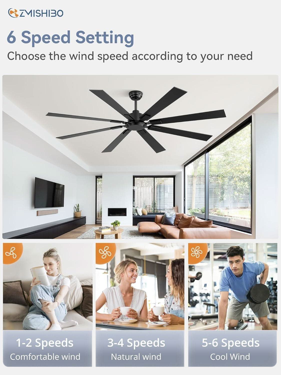 72 Inch Black Ceiling Fan With Remote 8 Blades DC Motor