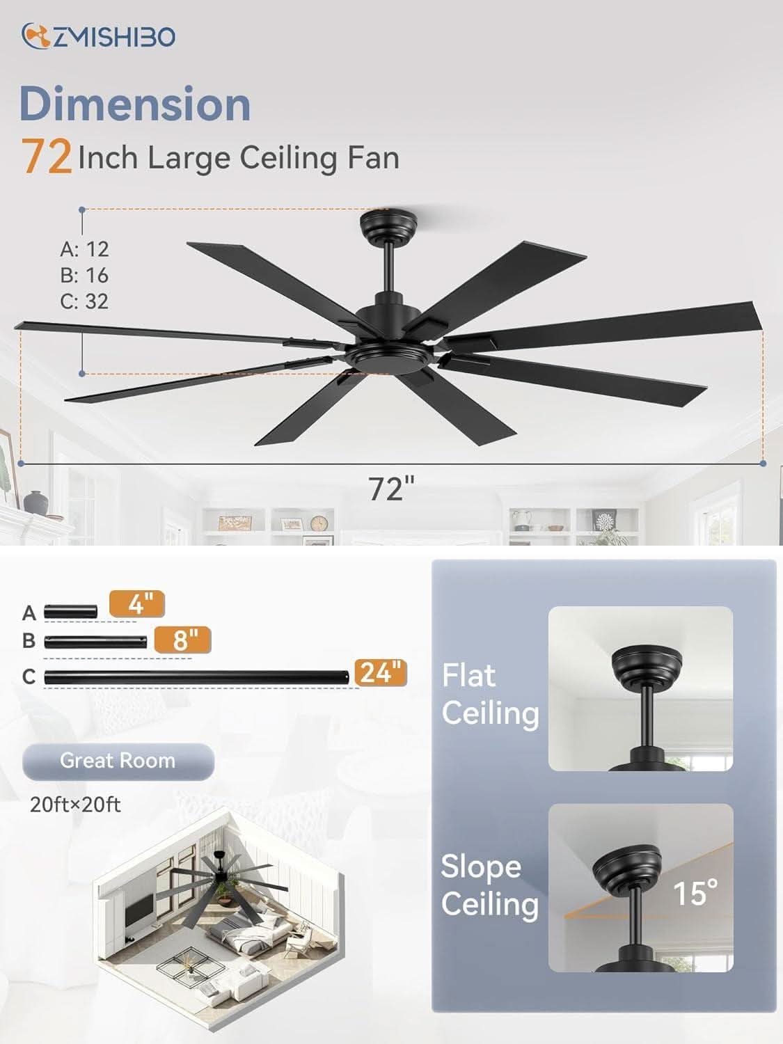 72 Inch Black Ceiling Fan With Remote 8 Blades DC Motor