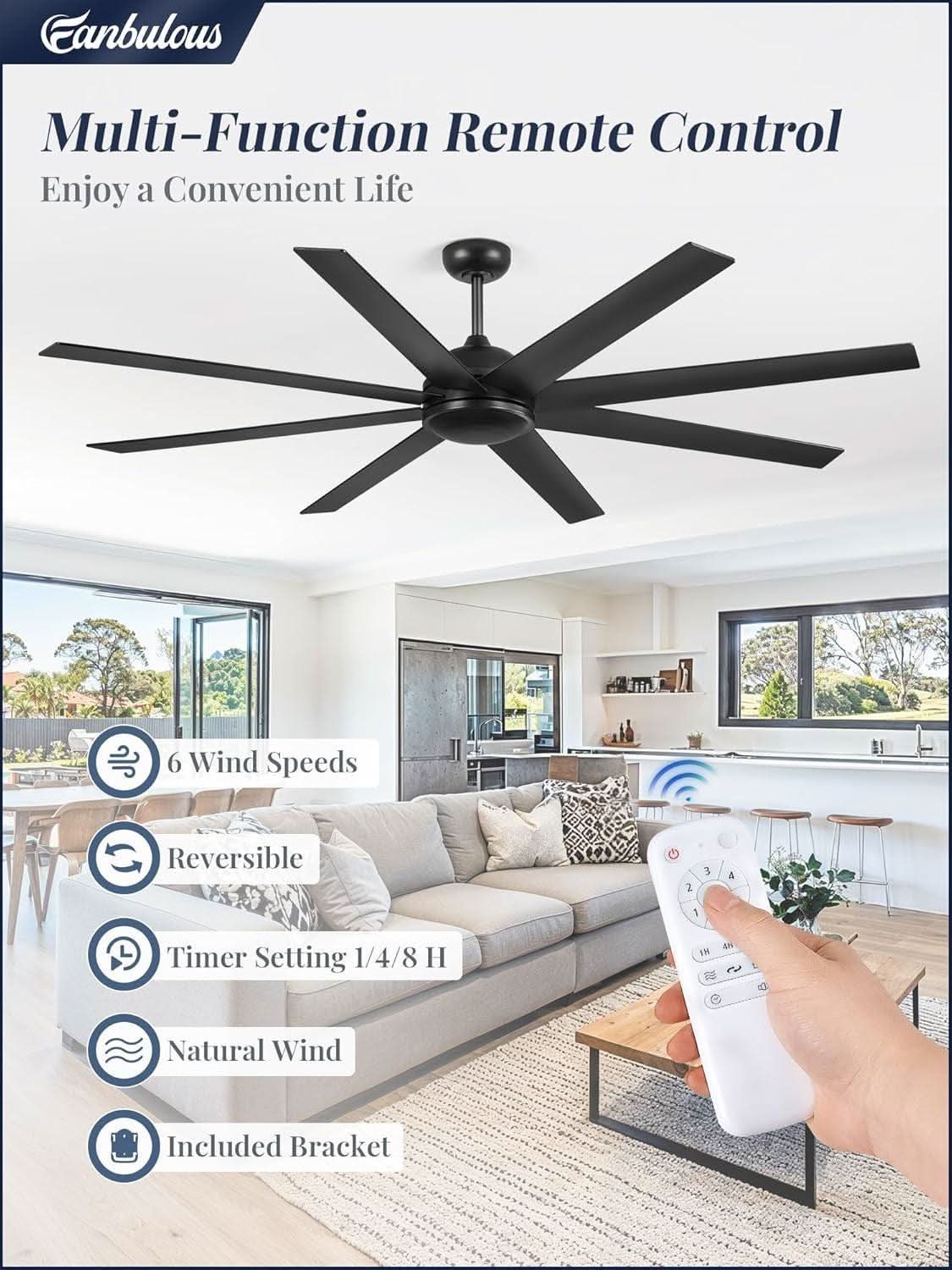 72 Inch Black Ceiling Fan With Remote DC Motor For Indoor Outdoor