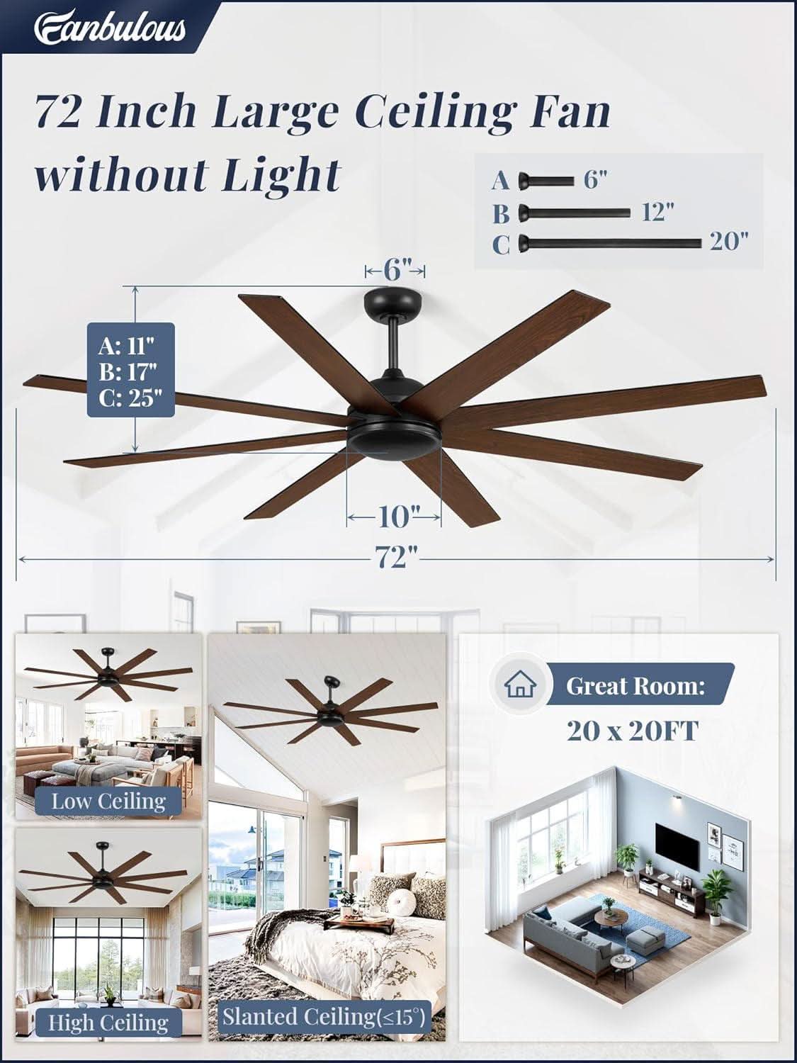 72 Inch Black Ceiling Fan With Remote DC Motor For Indoor Outdoor