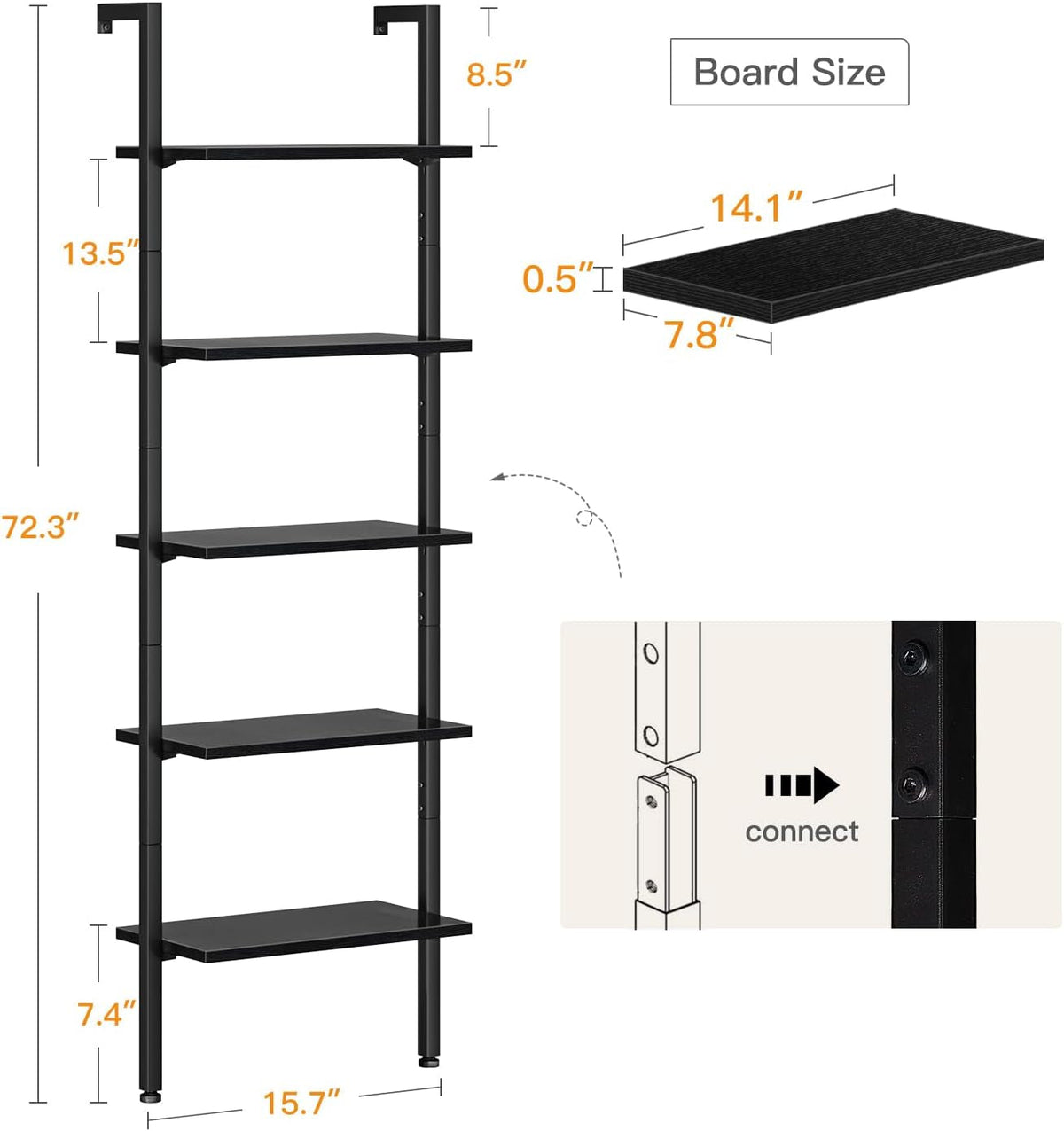 72 Inch Black Metal Frame Ladder Shelf Five Tier Wall Mount