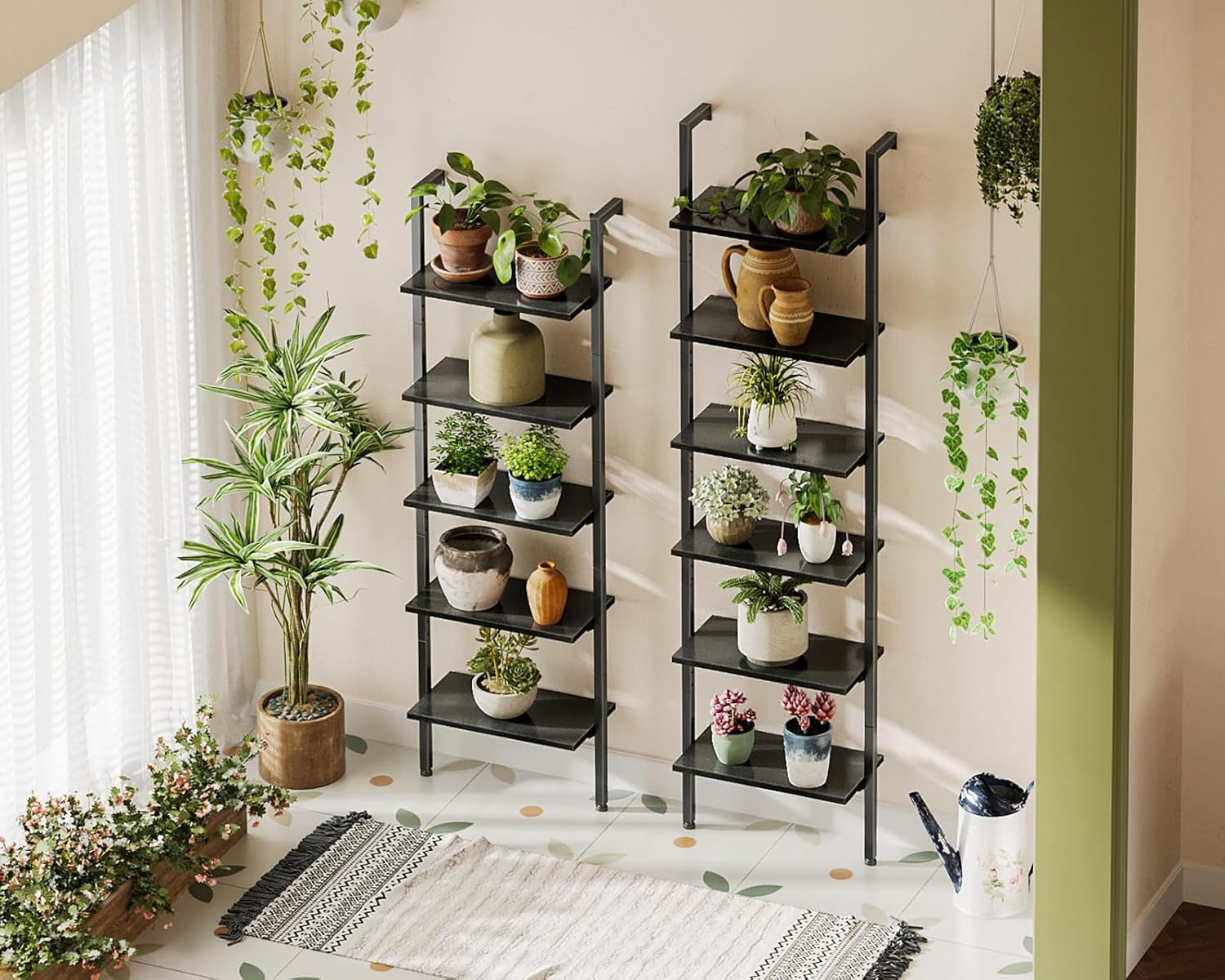 72 Inch Black Metal Frame Ladder Shelf Five Tier Wall Mount