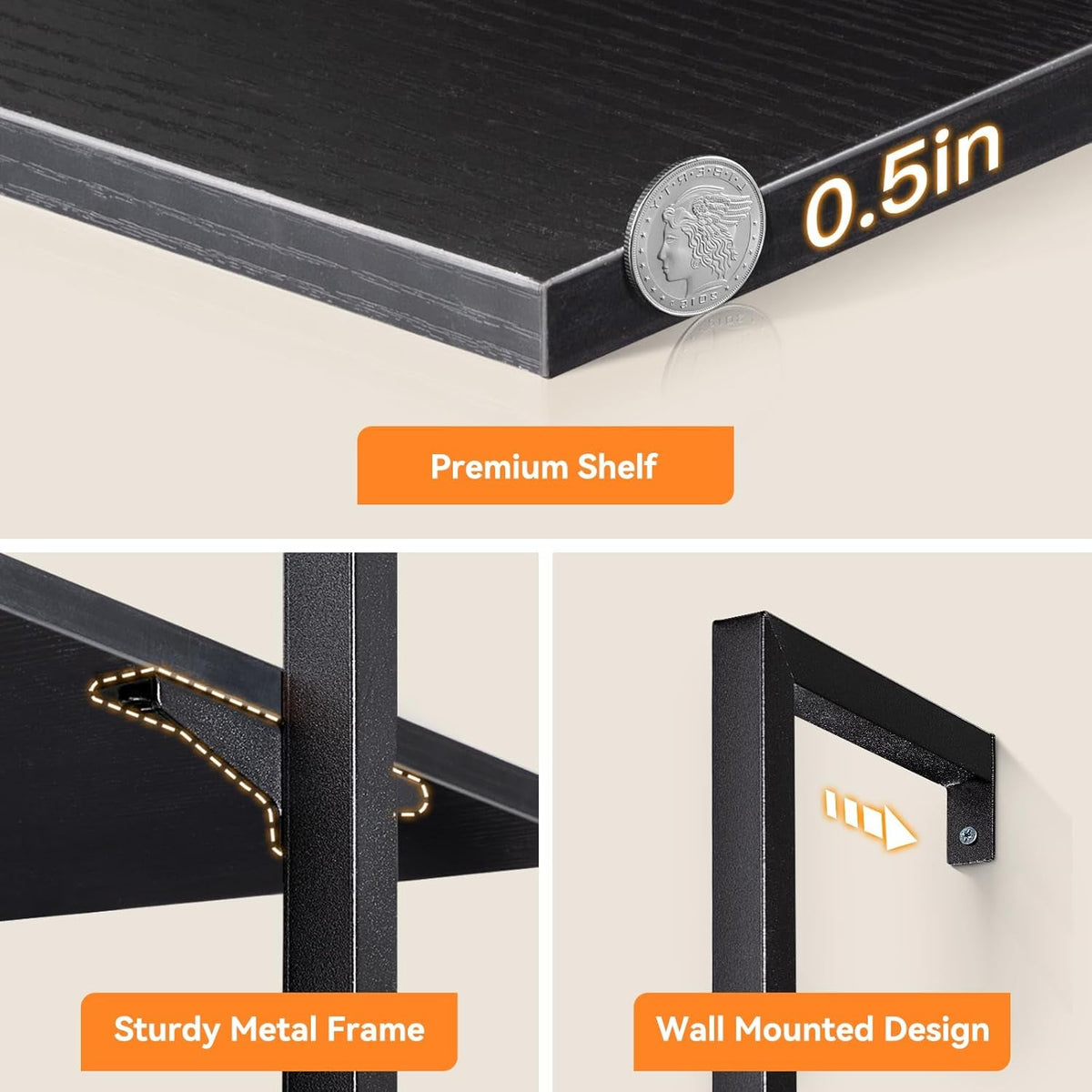 72 Inch Black Metal Frame Ladder Shelf Five Tier Wall Mount