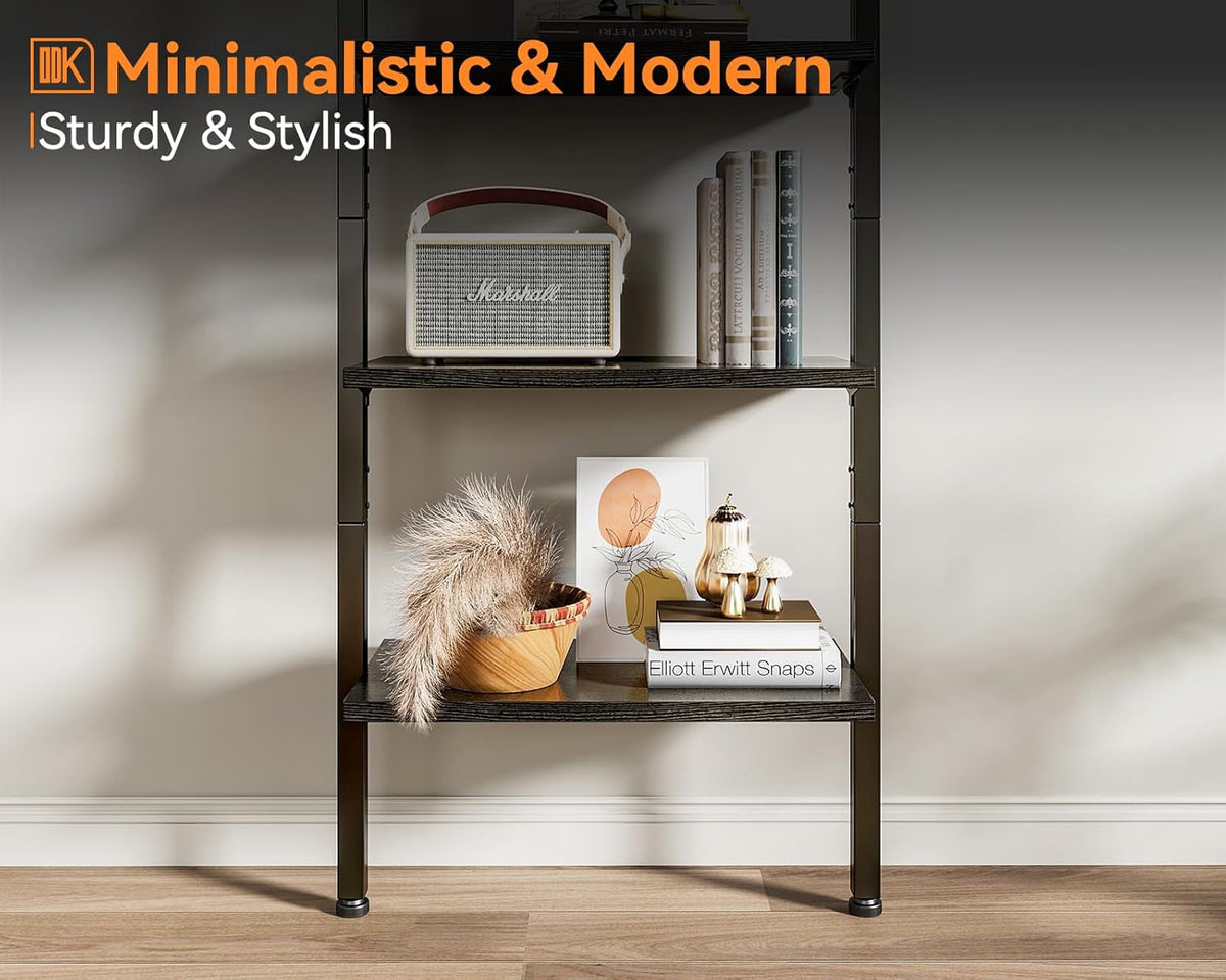 72 Inch Black Metal Frame Ladder Shelf Five Tier Wall Mount