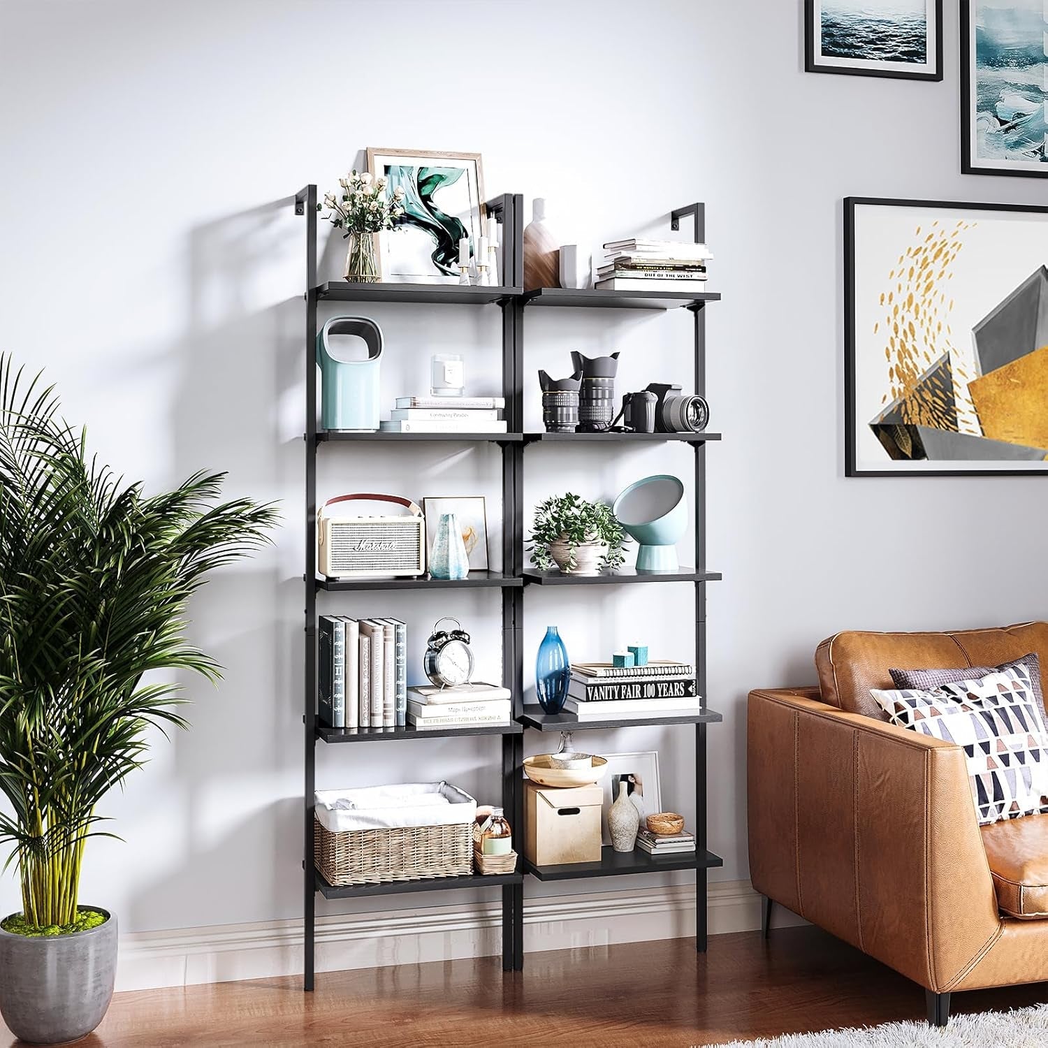 72 Inch Black Metal Frame Ladder Shelf Five Tier Wall Mount