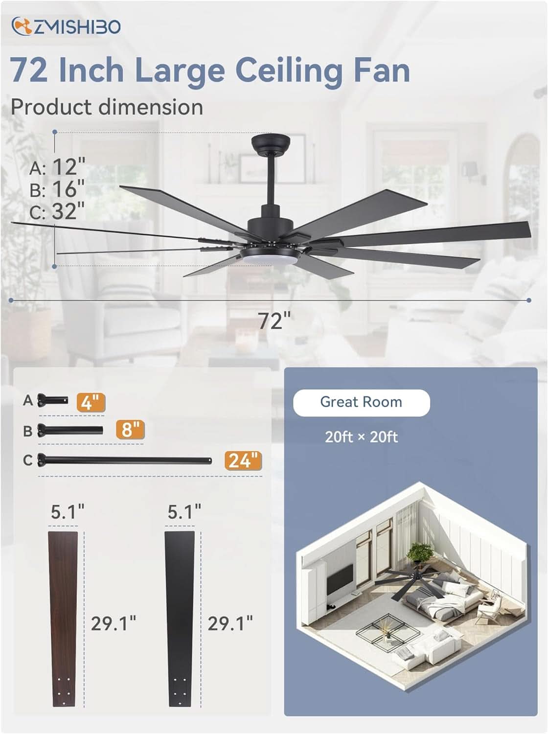 72 Inch Ceiling Fan With Remote For Large Rooms And Patios