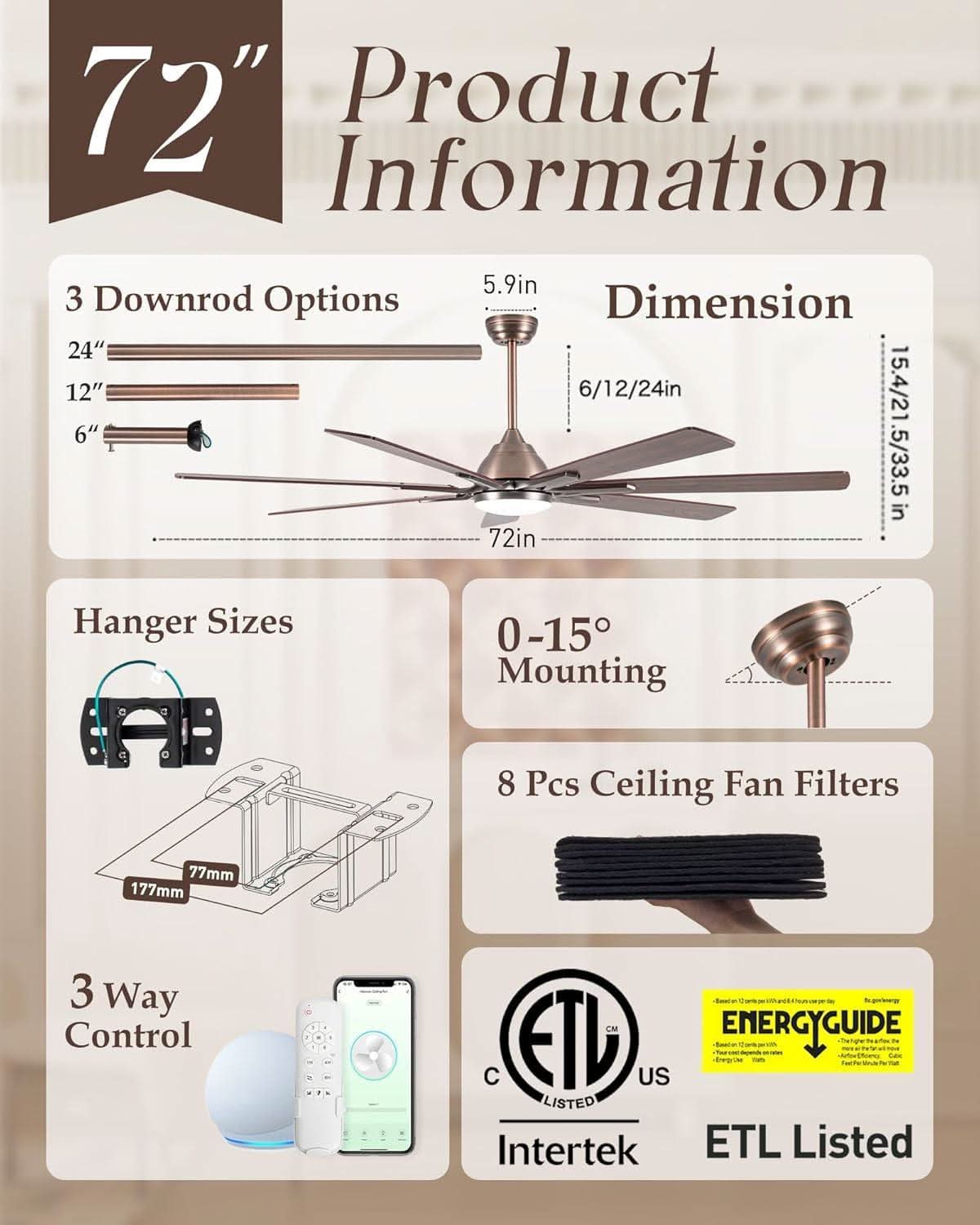 72 Inch Oil Rubbed Bronze Smart Outdoor Ceiling Fan