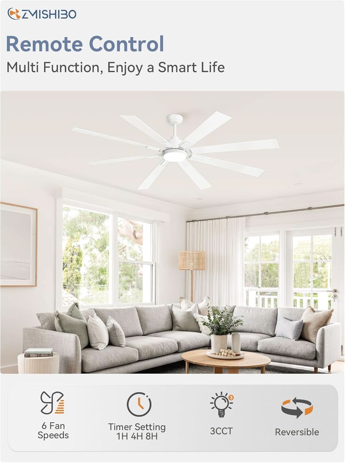 72 Inch White Ceiling Fan With Lights And Remote DC Motor