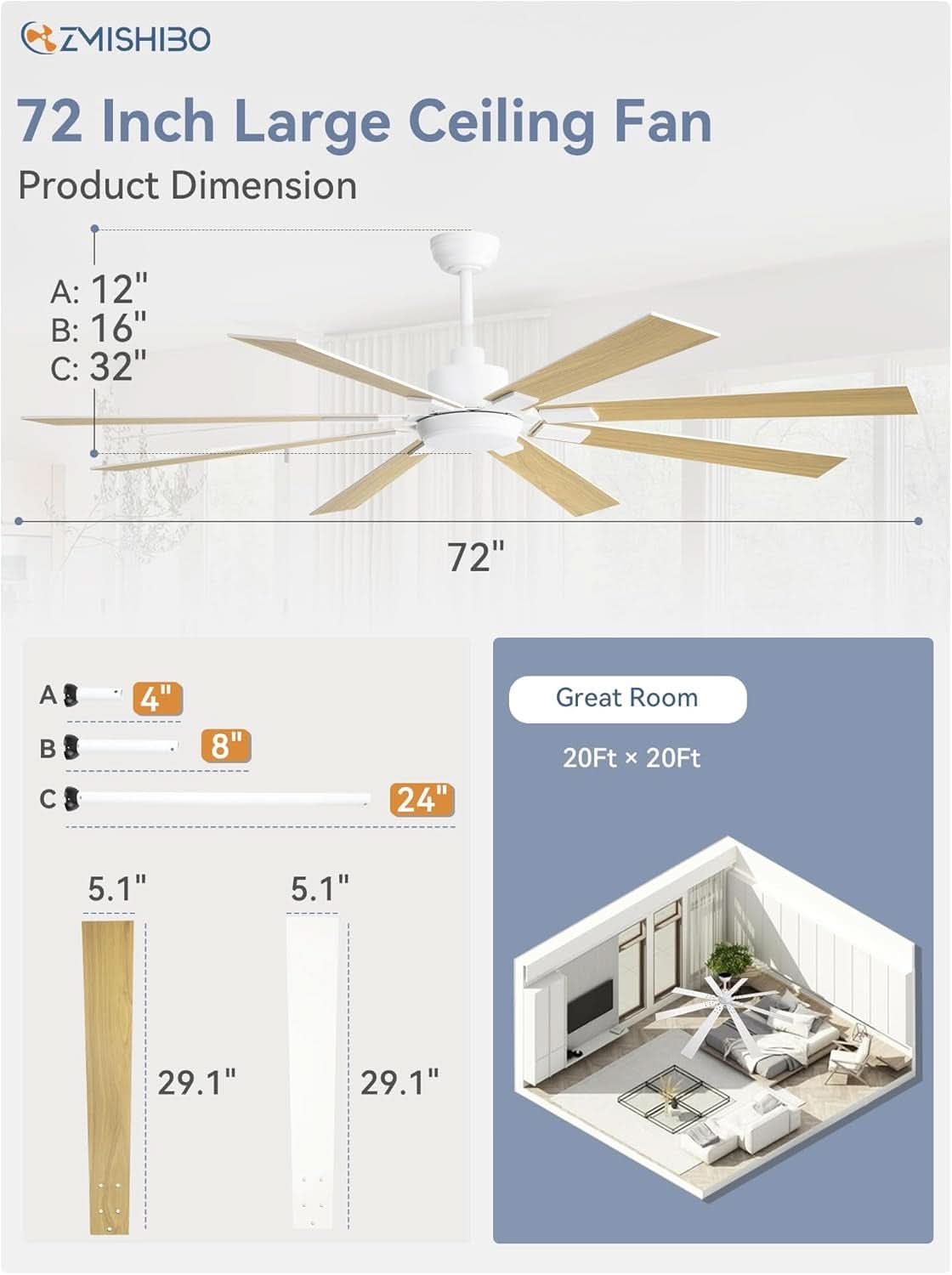 72 Inch White Ceiling Fan With Lights And Remote DC Motor