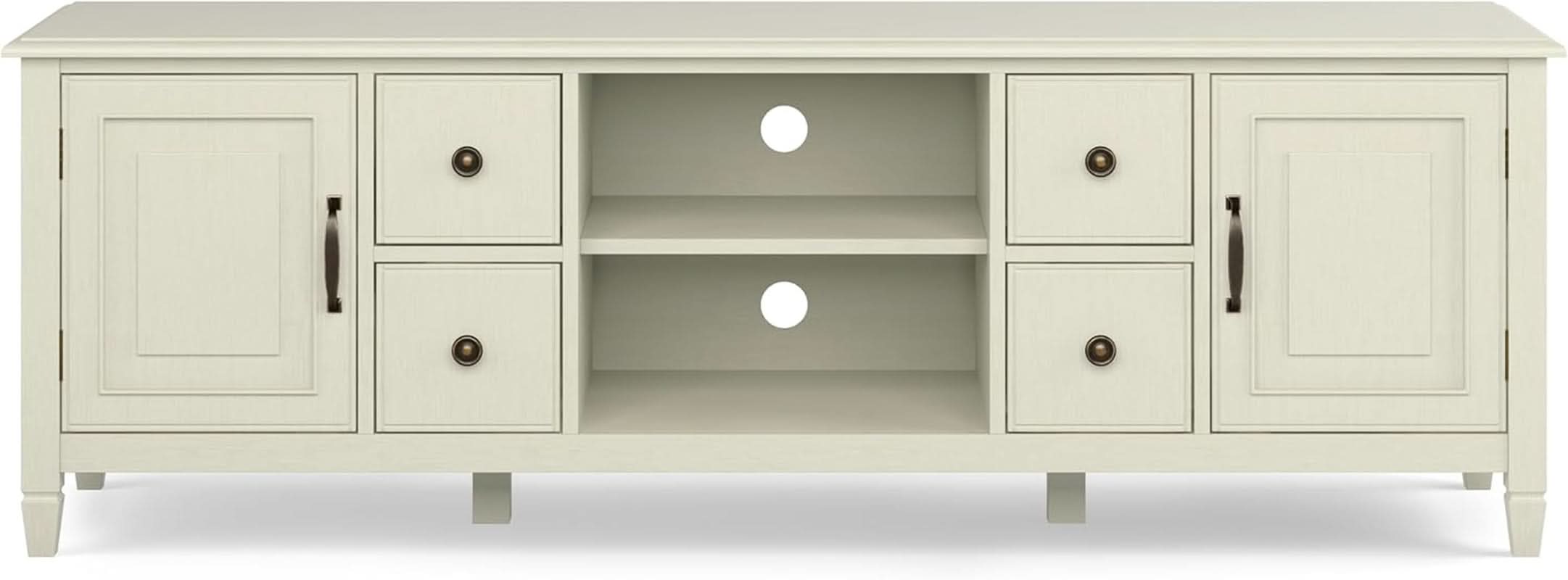 72 Inch Wide Solid Wood TV Stand Antique White With Storage