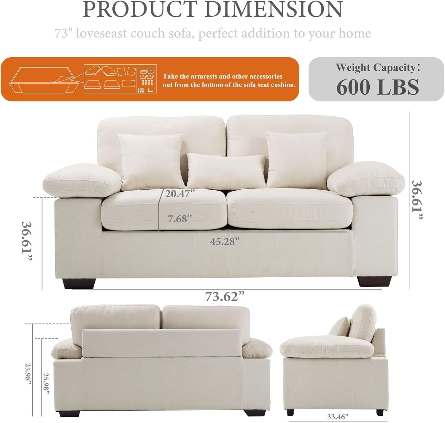 73 Inch Beige Chenille Loveseat With Removable Cushions