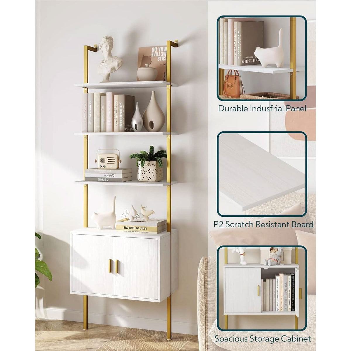73 Inch Tall Bookshelf With Cabinet Industrial Ladder Wall Shelf White Gold