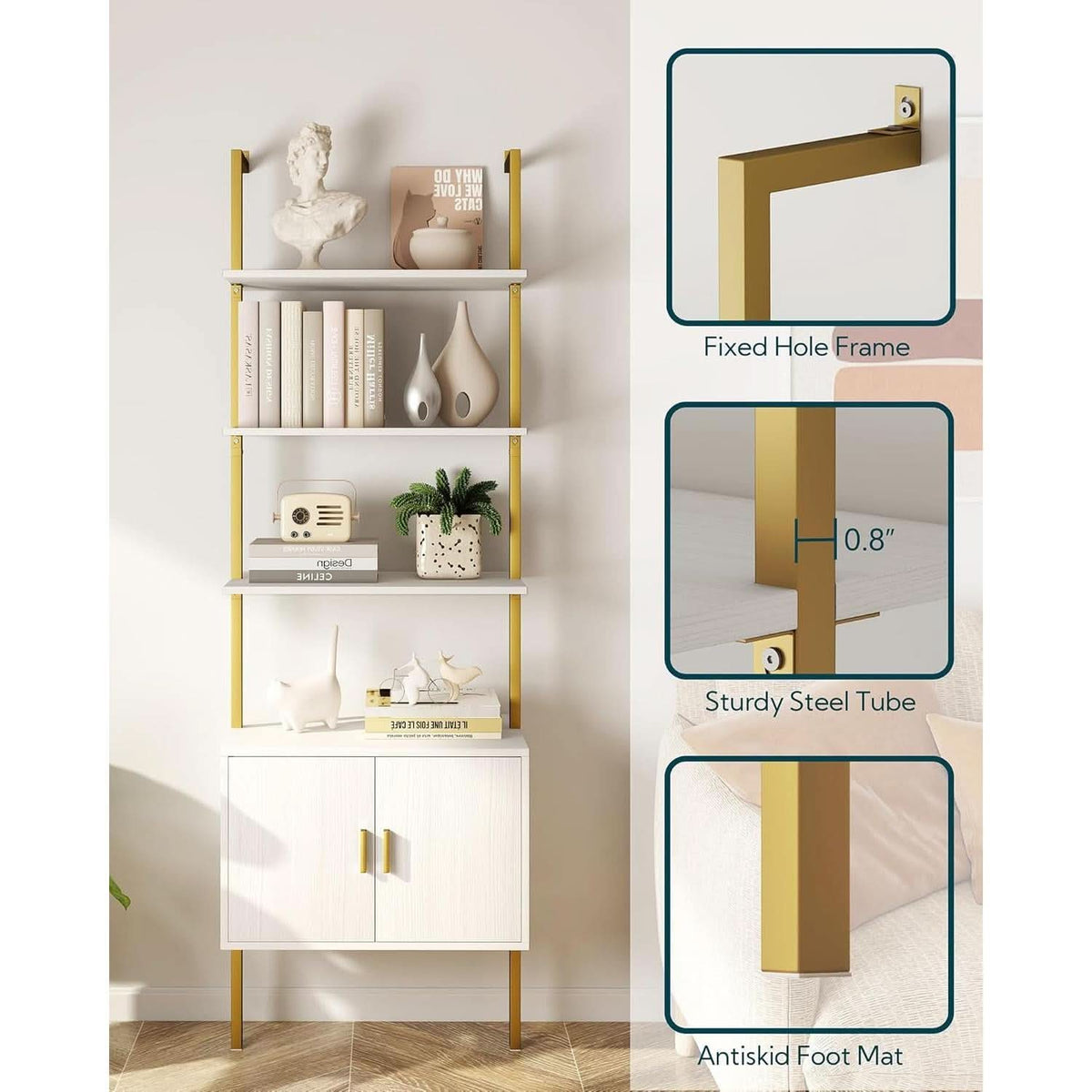 73 Inch Tall Bookshelf With Cabinet Industrial Ladder Wall Shelf White Gold
