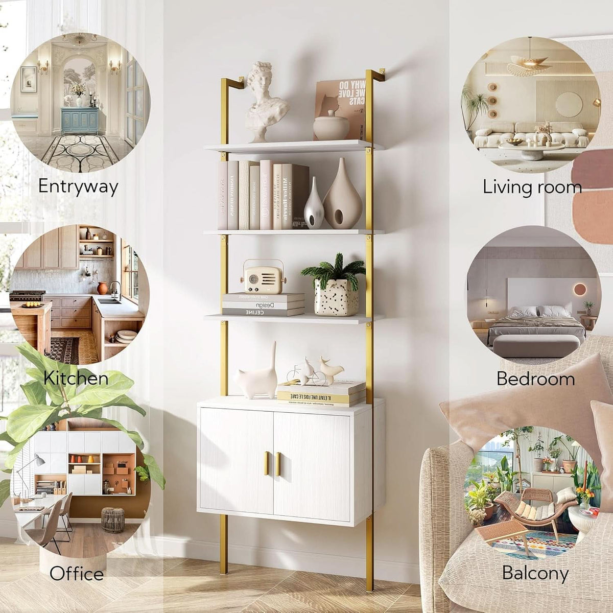 73 Inch Tall Bookshelf With Cabinet Industrial Ladder Wall Shelf White Gold
