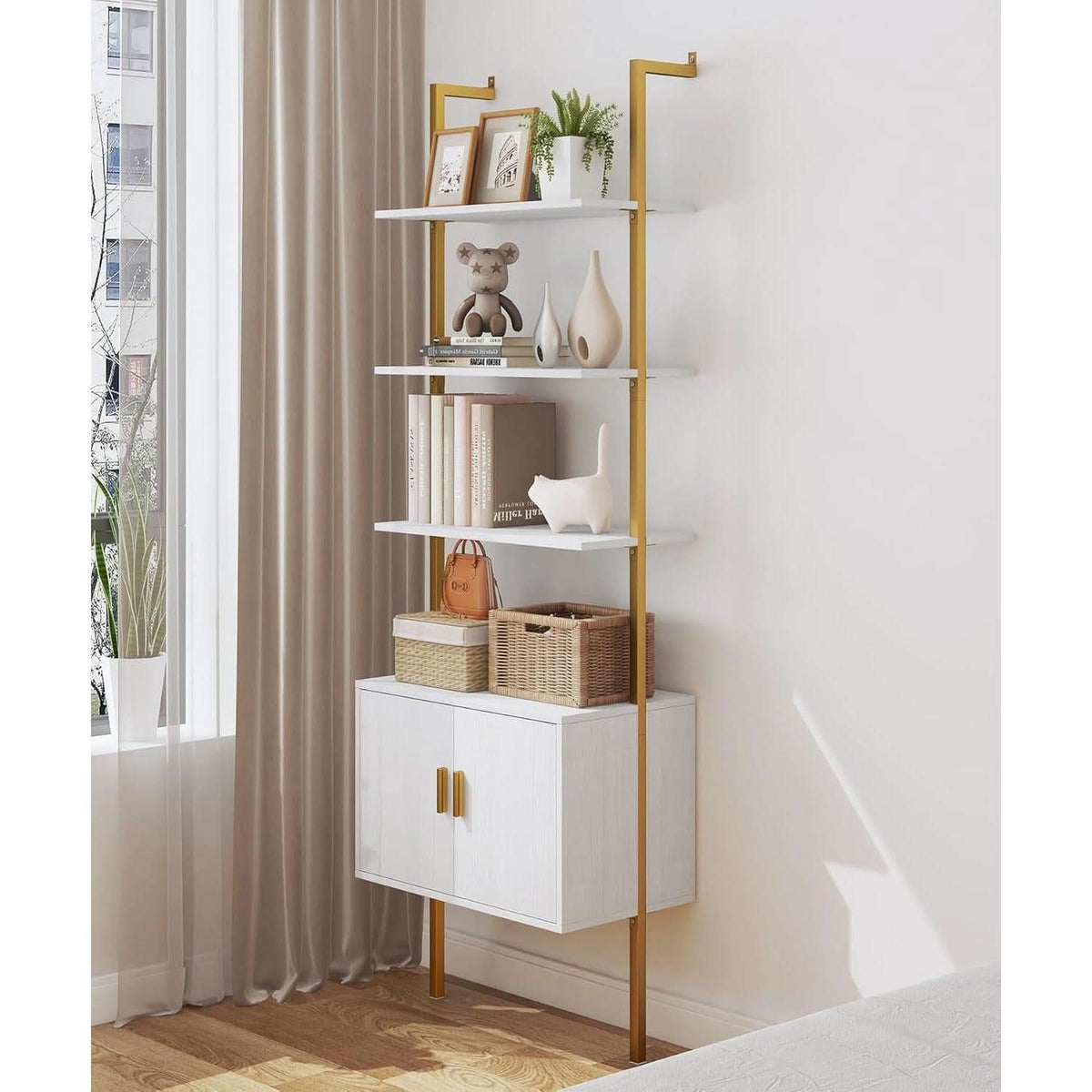 73 Inch Tall Bookshelf With Cabinet Industrial Ladder Wall Shelf White Gold