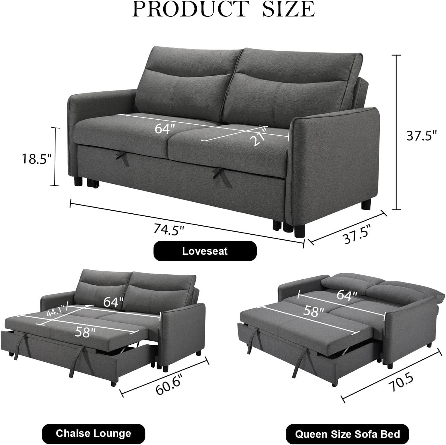 75 Inch Queen Size Convertible Sleeper Sofa Bed