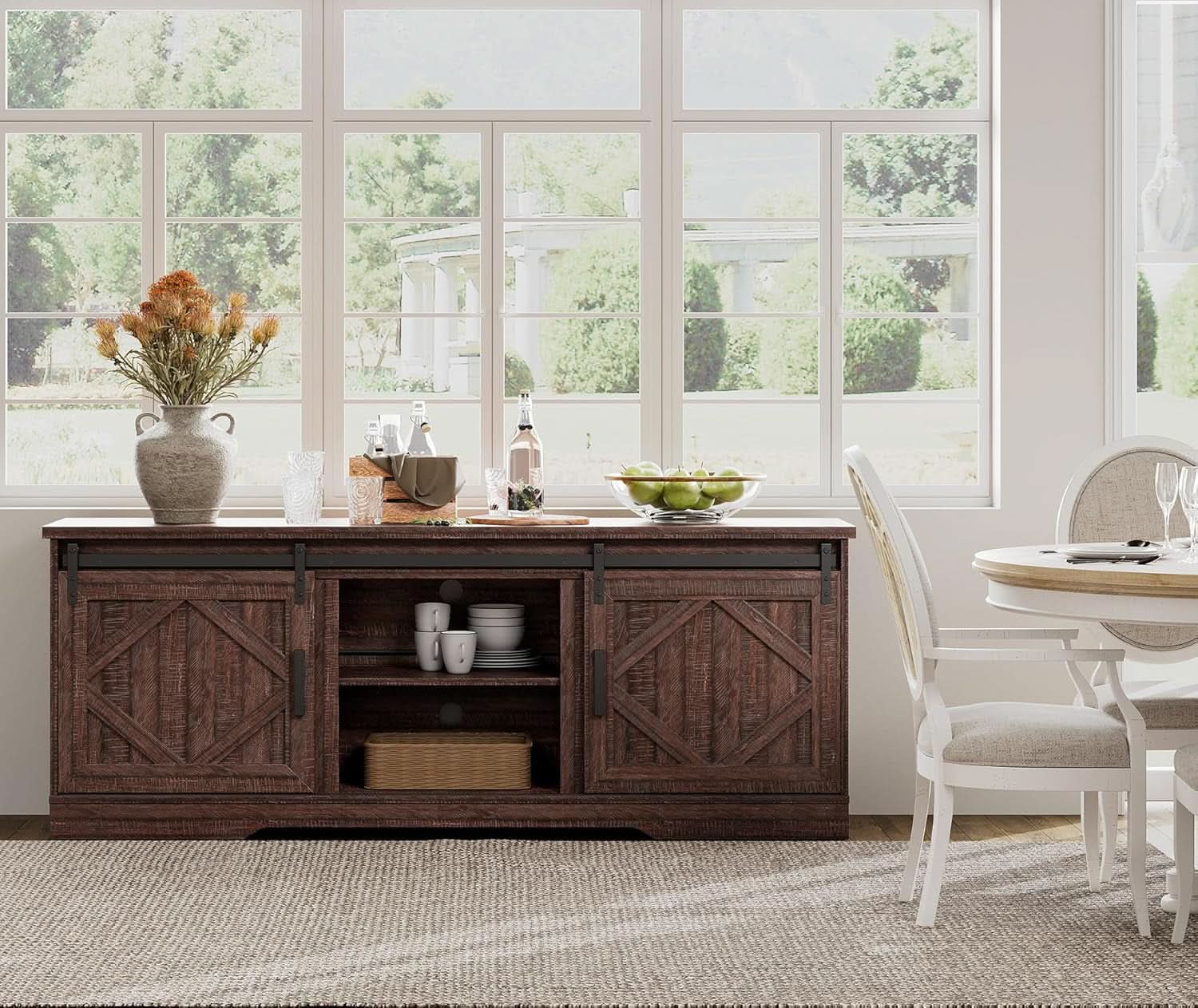 75 Inch Rustic Brown Barn Door TV Stand With Storage