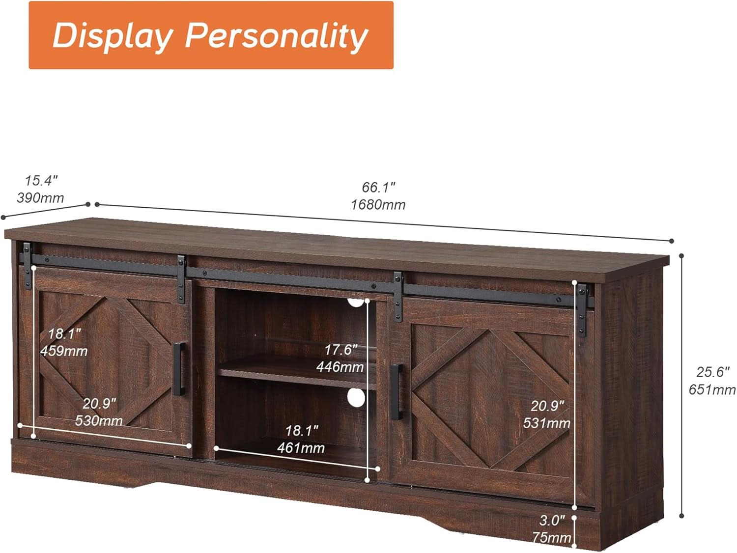 75 Inch Rustic Brown Barn Door TV Stand With Storage