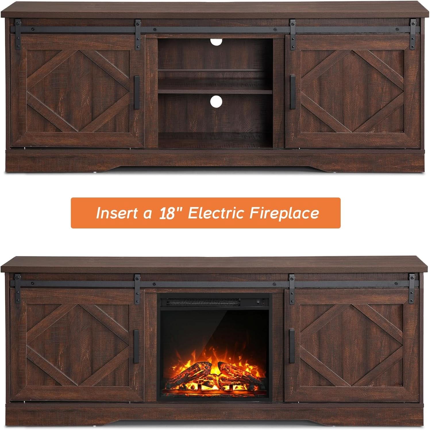 75 Inch Rustic Brown Barn Door TV Stand With Storage