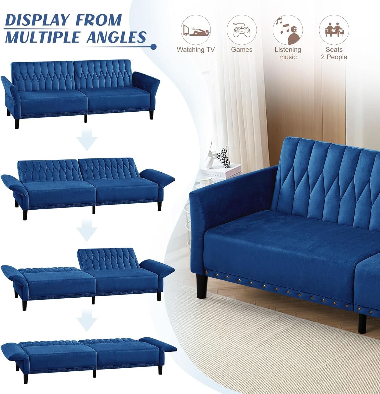 77Inch Velvet Convertible Sofa Bed Featuring Armrests