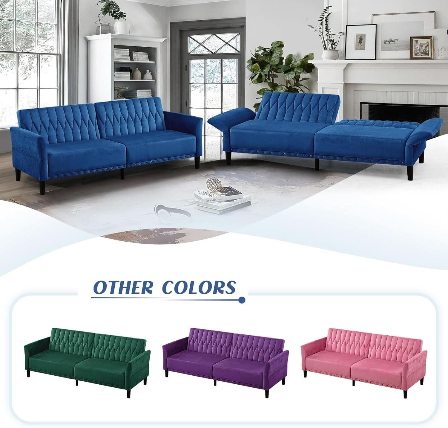 77Inch Velvet Convertible Sofa Bed Featuring Armrests