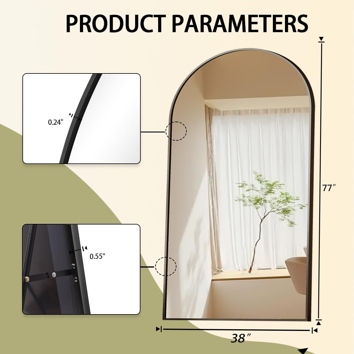 77x38 Arch Floor Mirror Full Length Aluminum Frame Black