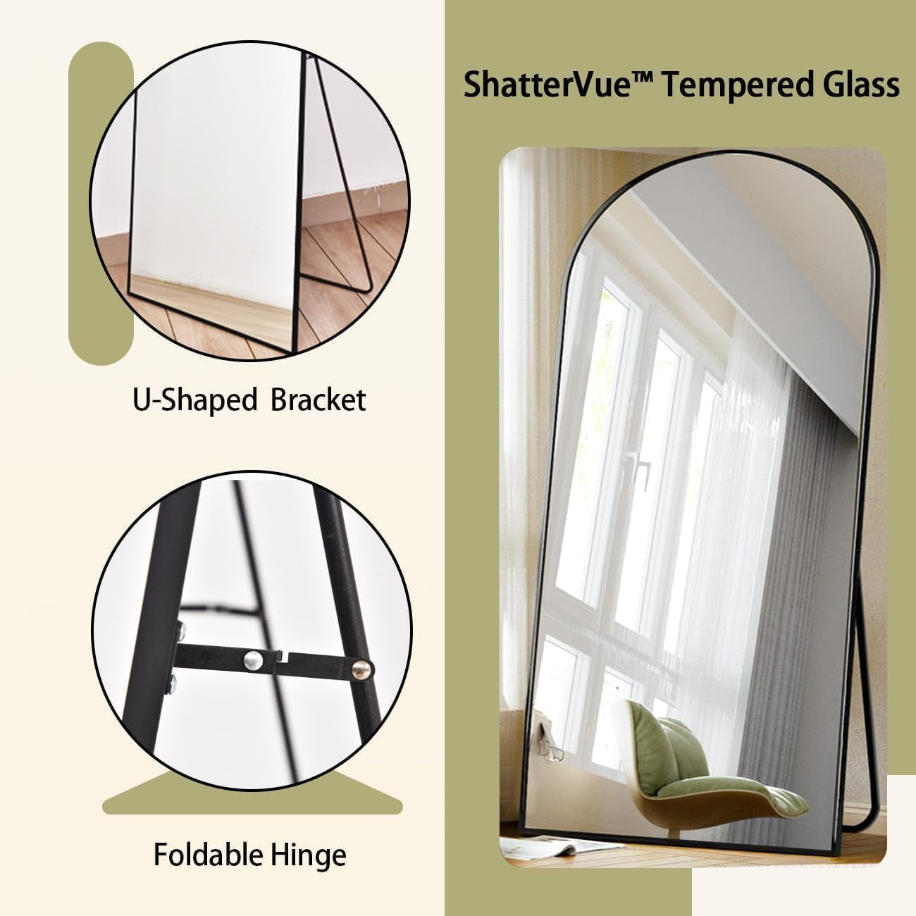 77x38 Arch Floor Mirror Full Length Aluminum Frame Black