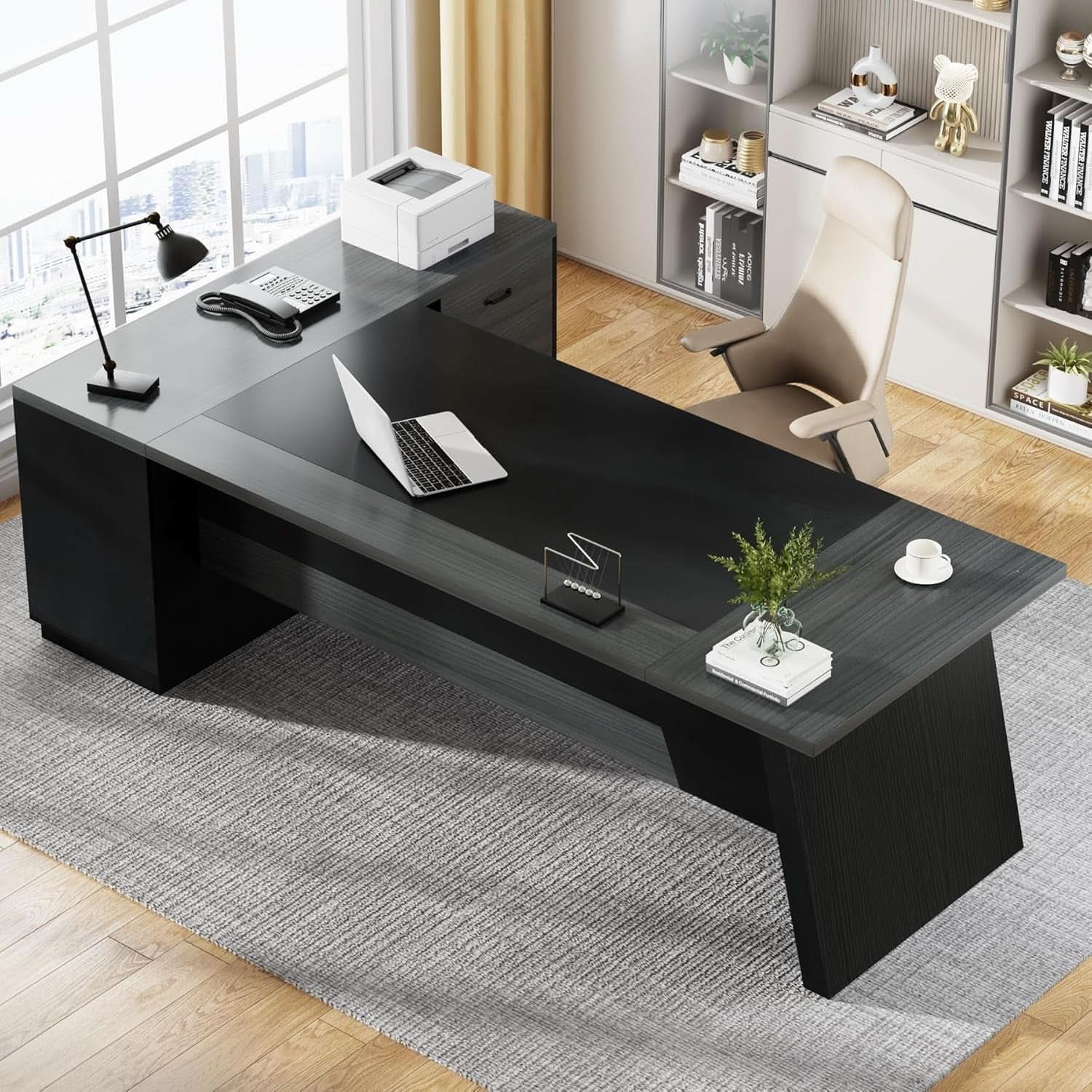 78 Inch L Shaped Desk With Drawers And File Cabinet Grey
