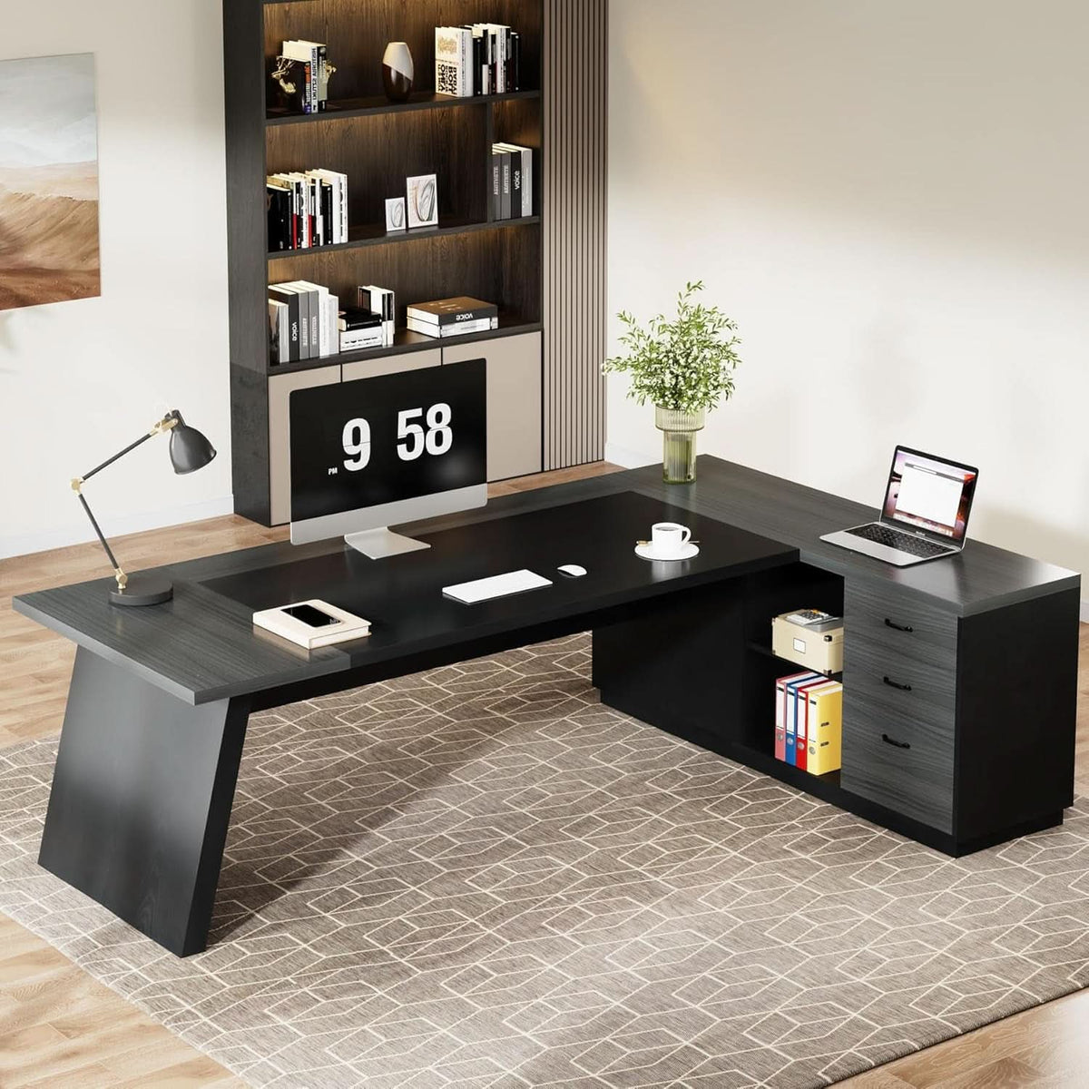 78 Inch L Shaped Desk With Drawers And File Cabinet Grey
