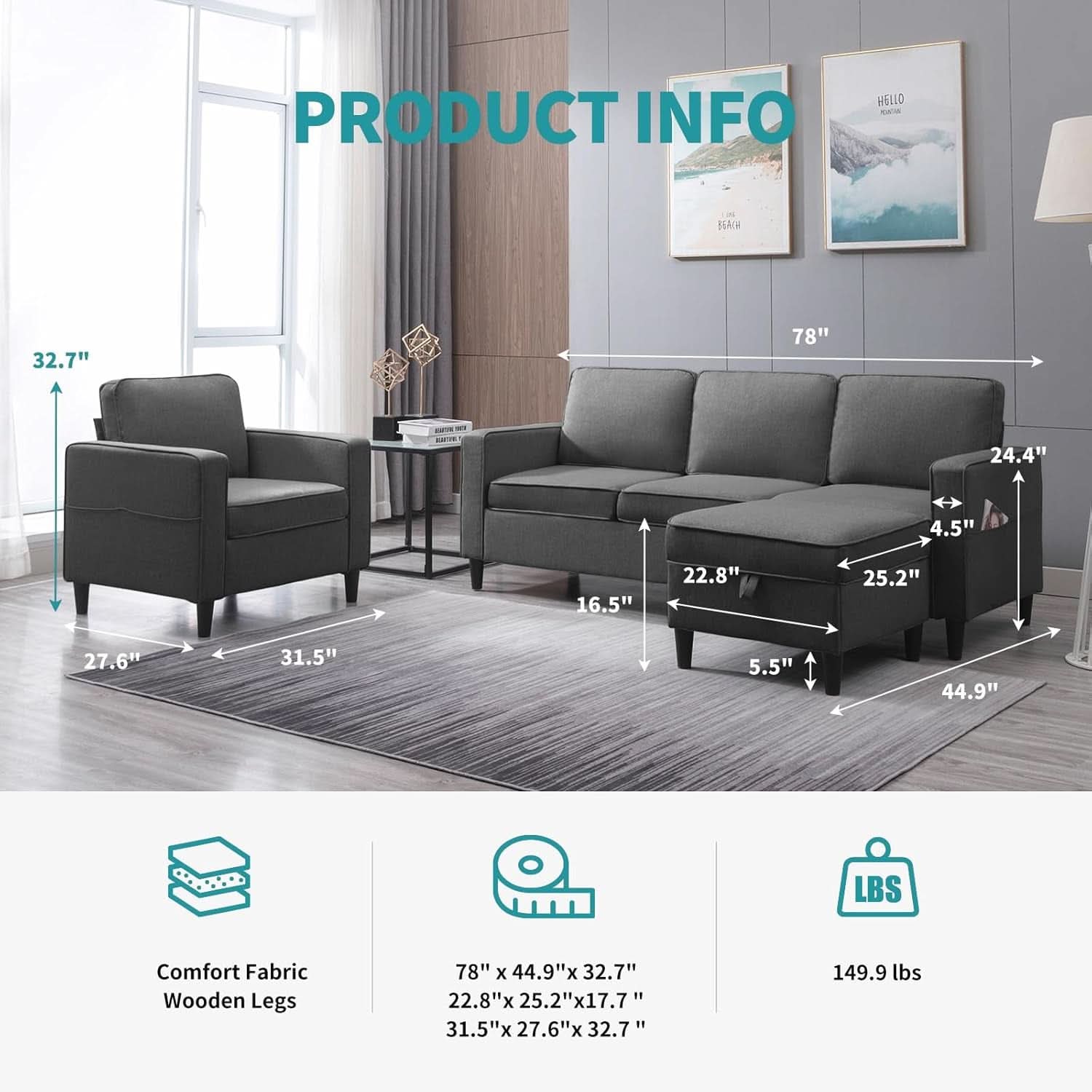 78 Inch Linen Sectional Sofa Set With Storage Ottoman