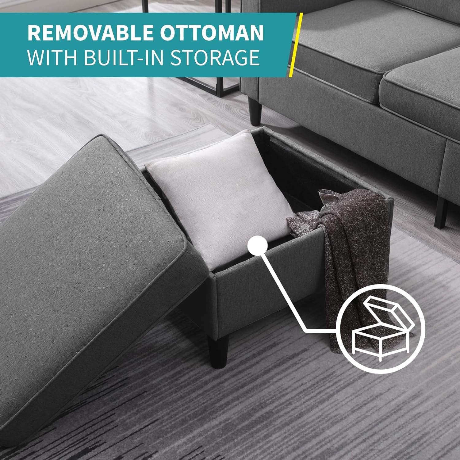78 Inch Linen Sectional Sofa Set With Storage Ottoman
