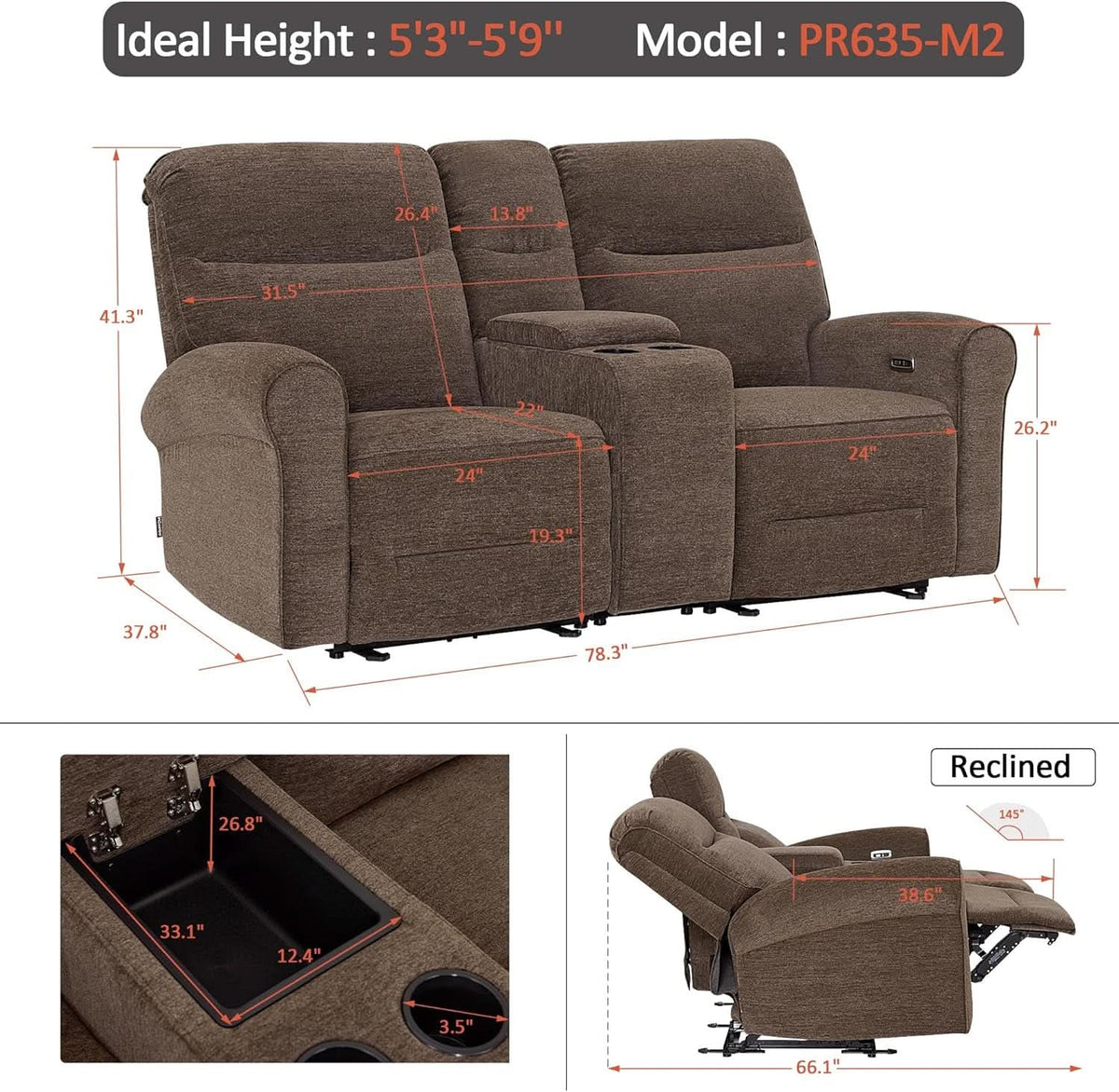 78 Inch Wall Hugger Power Loveseat USB Ports Dark Brown