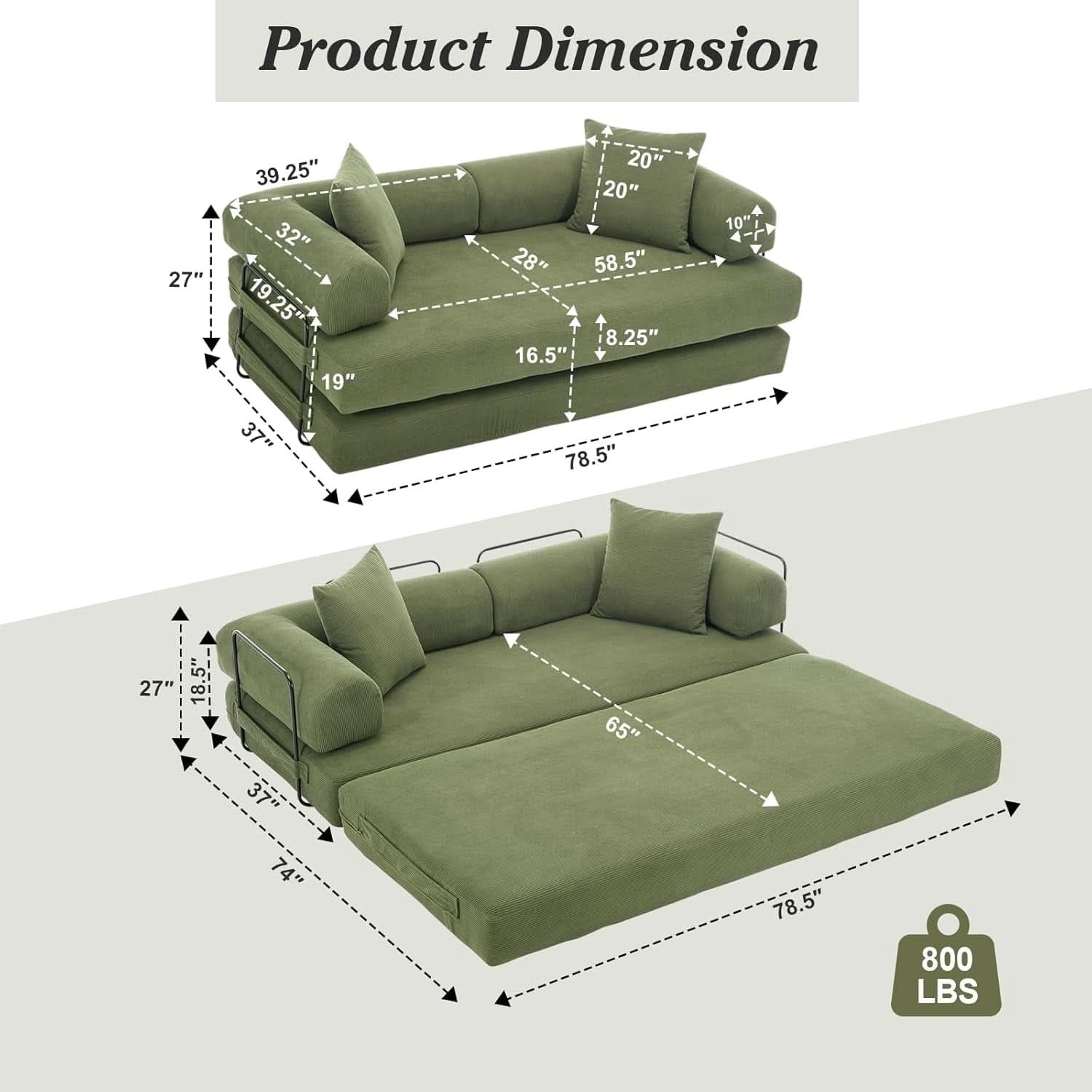 78.5 Inch Convertible Folding Sofa Bed with Versatility