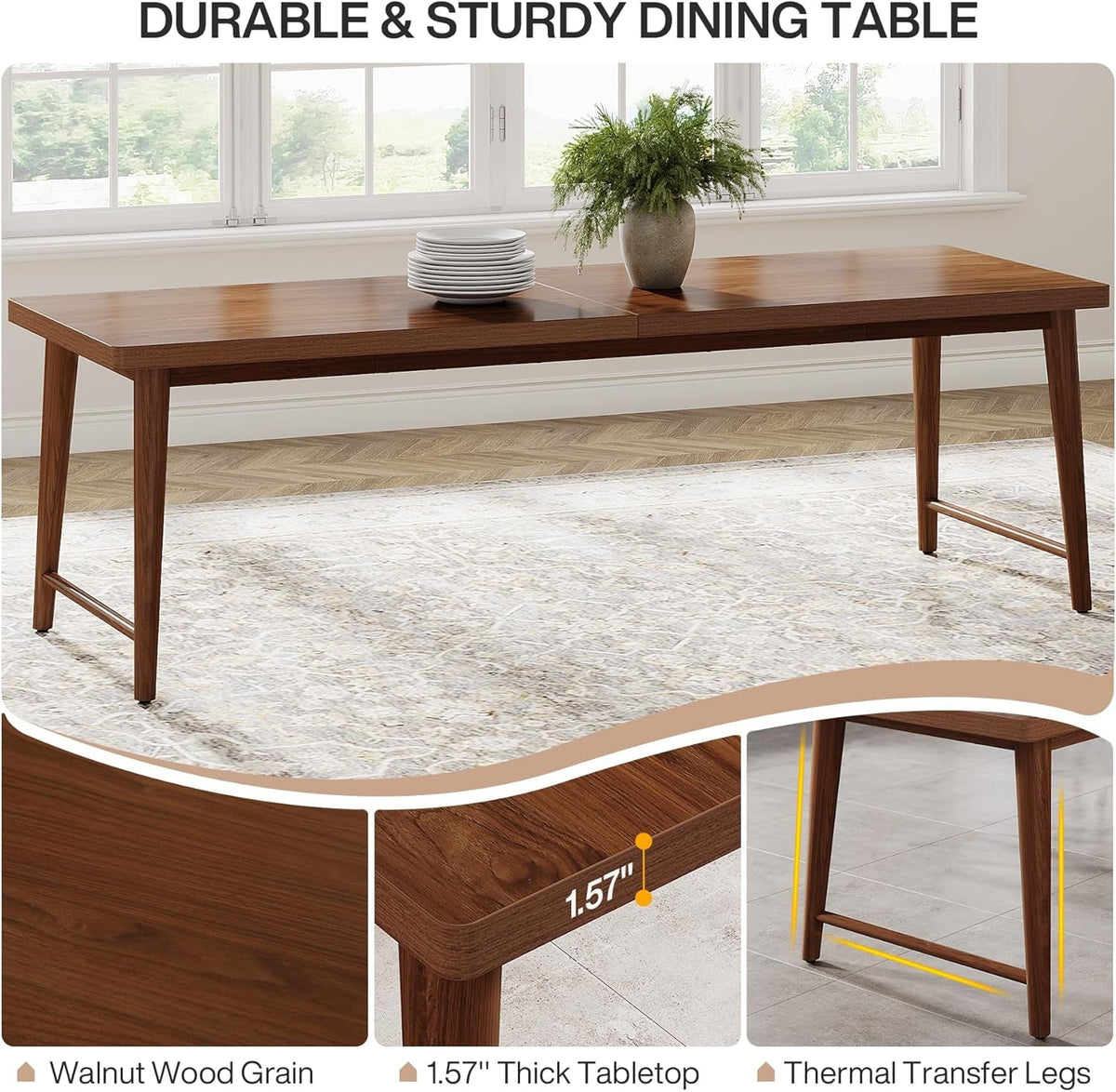 78.7 Inch Walnut Dining Table With Metal Legs Mid Century