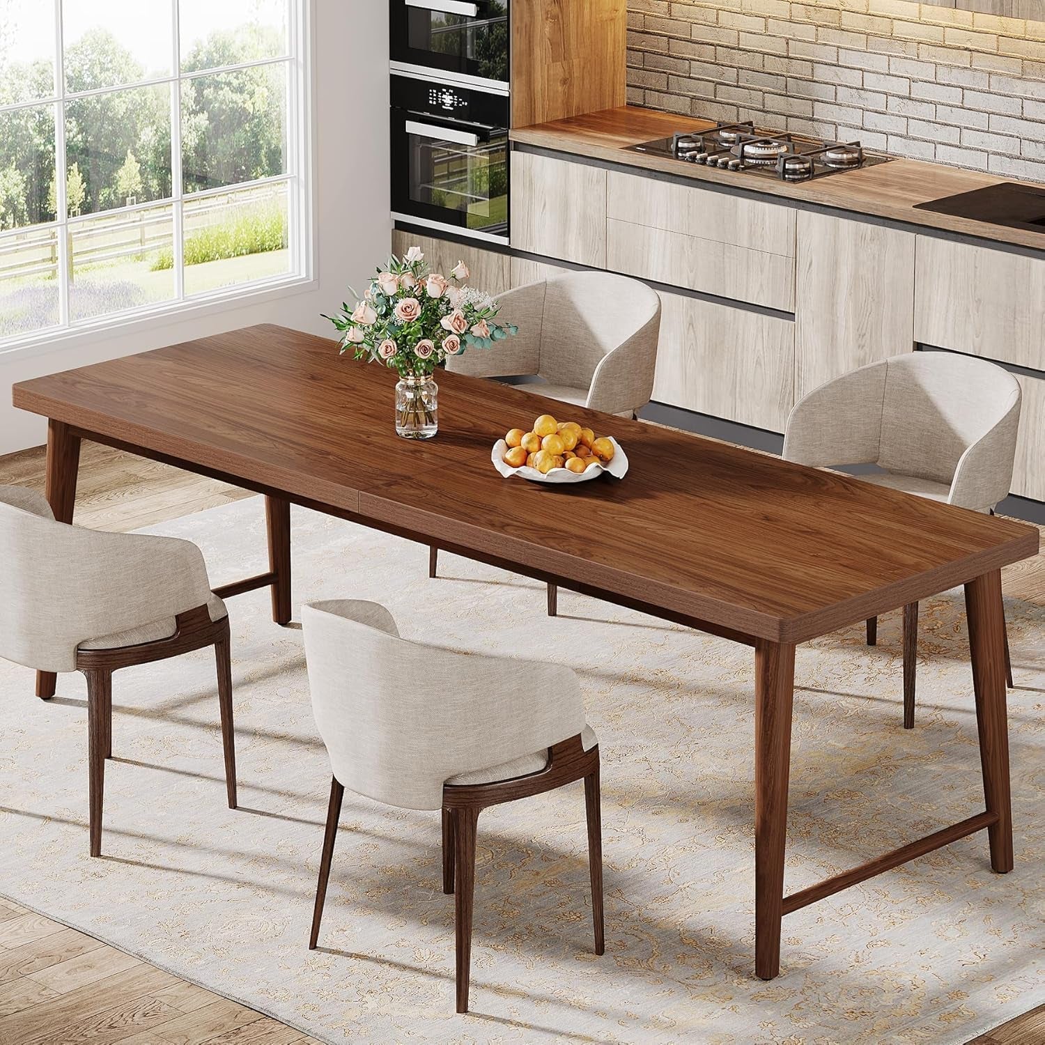 78.7 Inch Walnut Dining Table With Metal Legs Mid Century