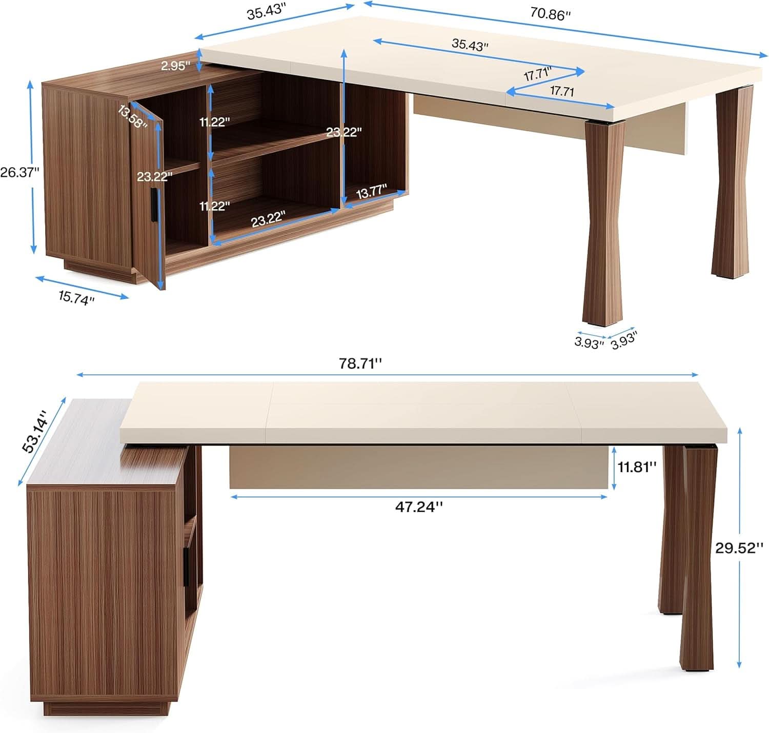 79 Inch Cream White L Shaped Executive Desk With Storage