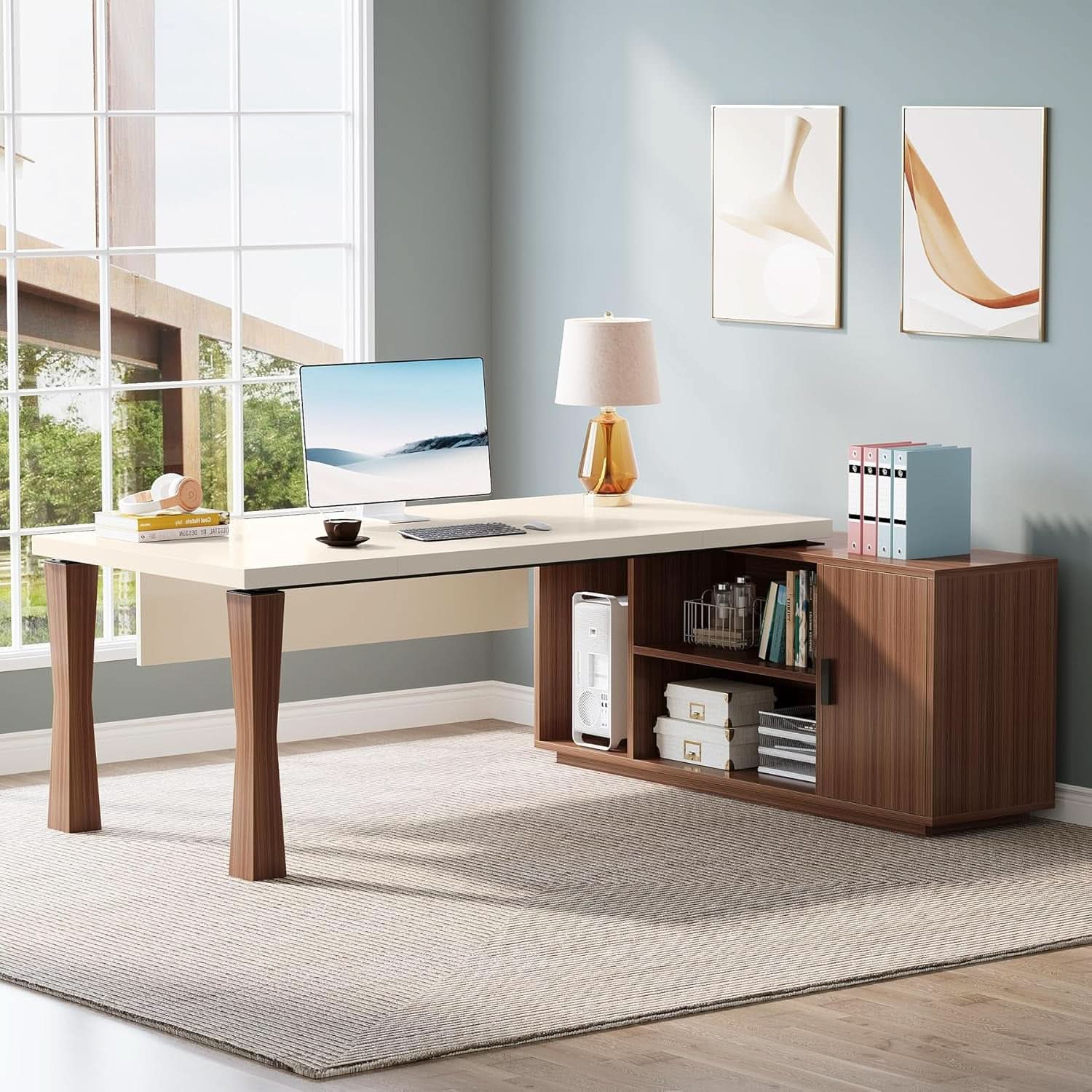79 Inch Cream White L Shaped Executive Desk With Storage