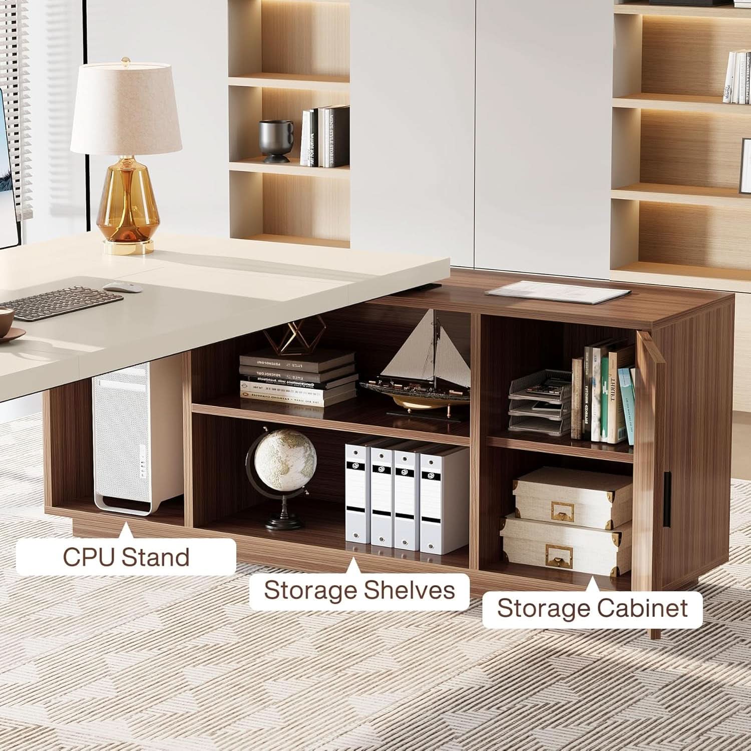 79 Inch Cream White L Shaped Executive Desk With Storage