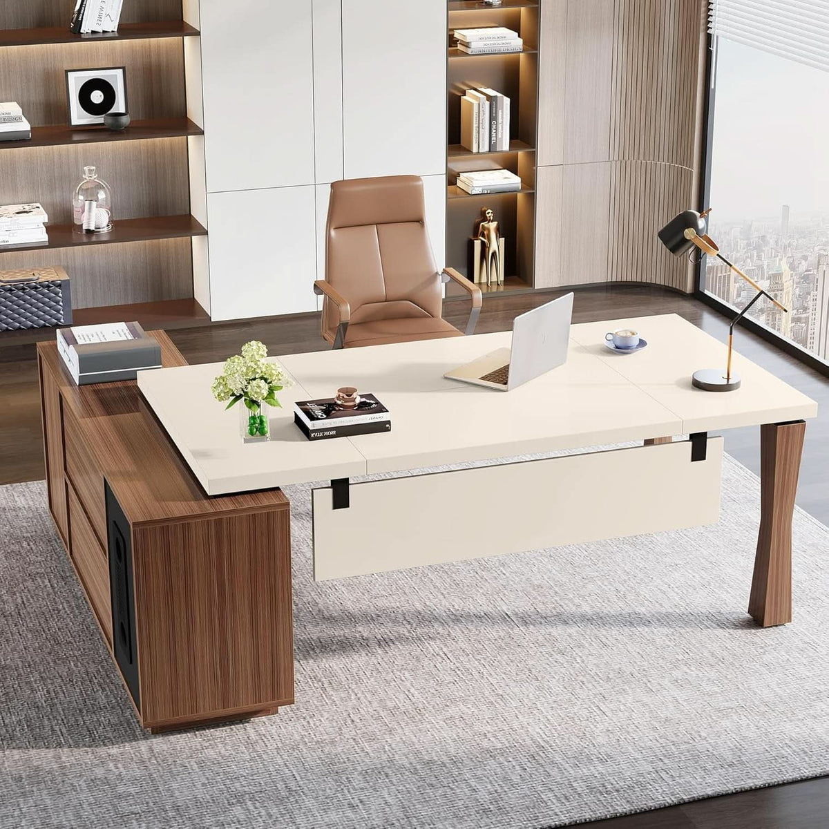79 Inch Cream White L Shaped Executive Desk With Storage