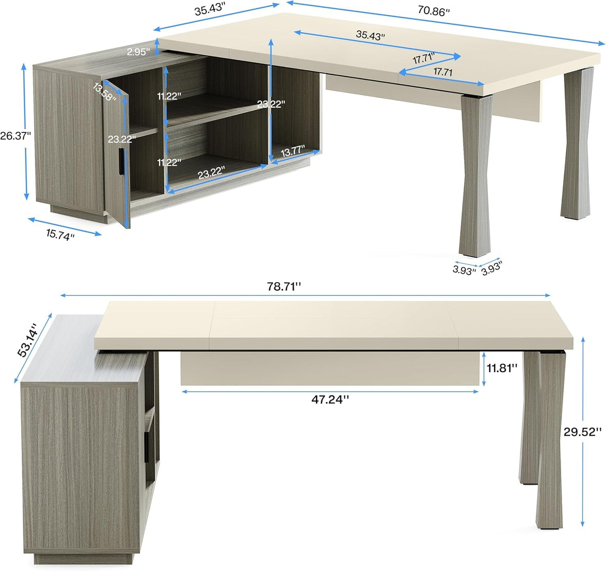 79 Inch L Shaped Desk Gray Cream White With Storage