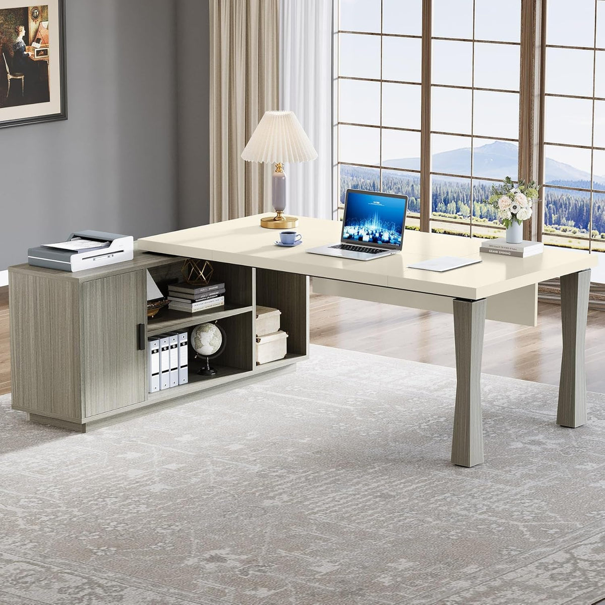 79 Inch L Shaped Desk Gray Cream White With Storage