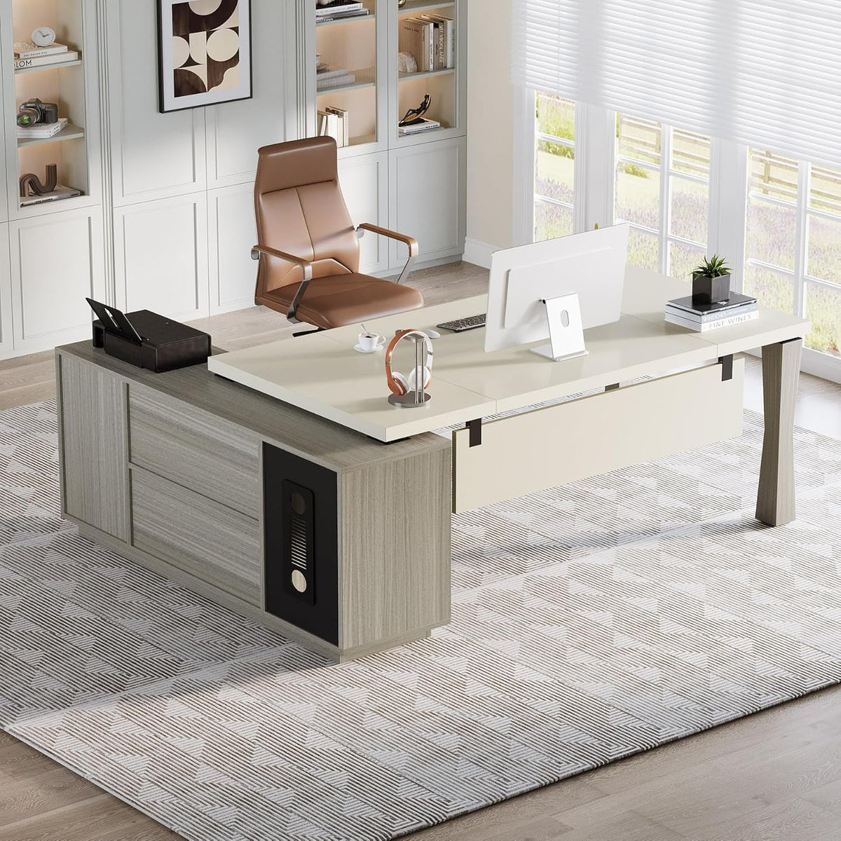 79 Inch L Shaped Desk Gray Cream White With Storage