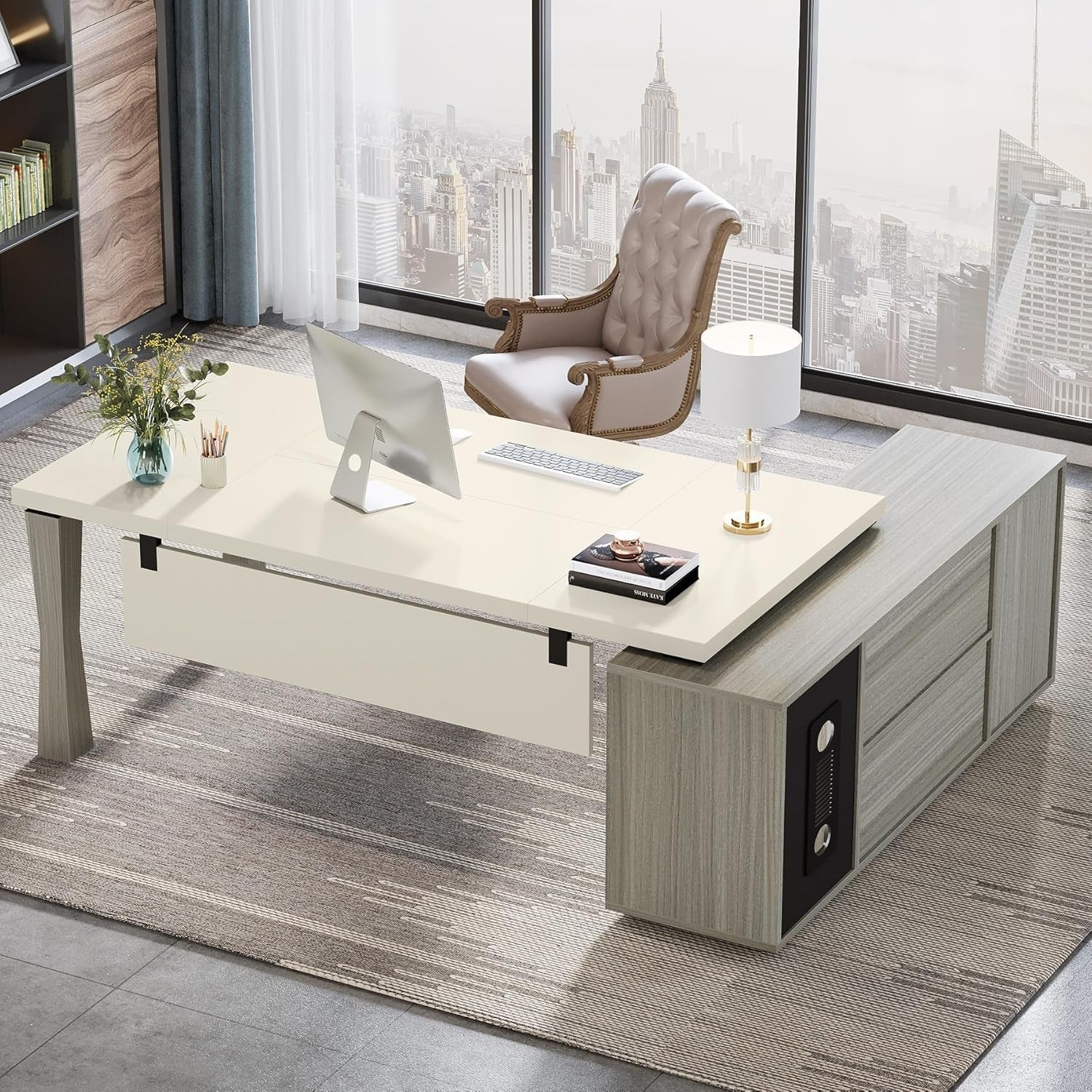 79 Inch L Shaped Desk Gray Cream White With Storage