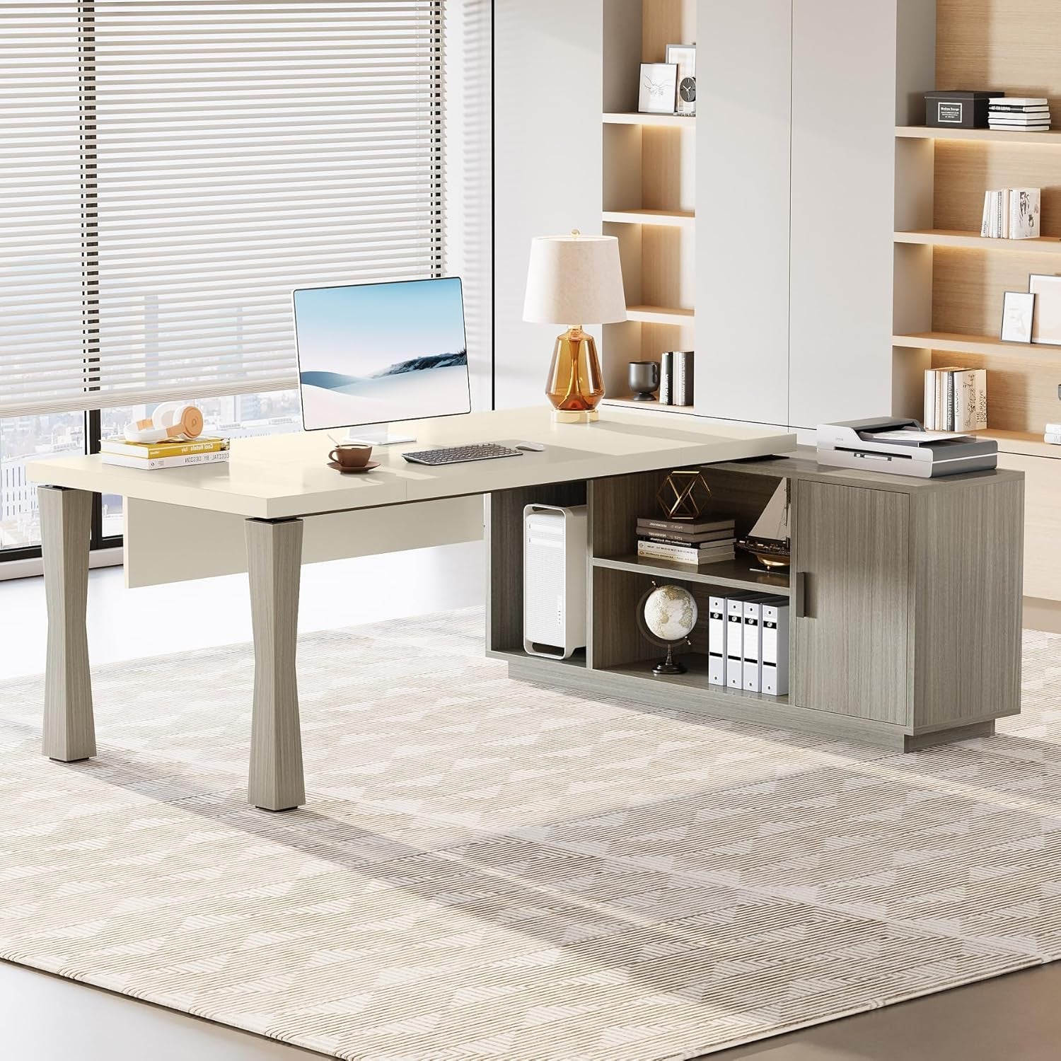 79 Inch L Shaped Desk Gray Cream White With Storage