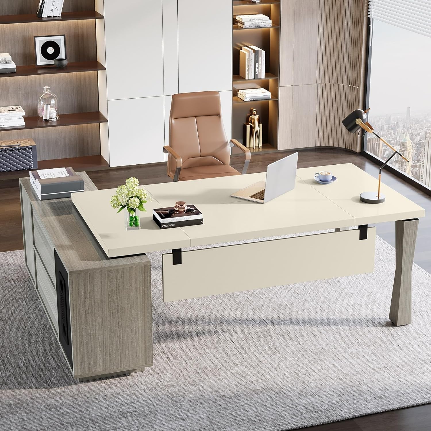 79 Inch L Shaped Desk Gray Cream White With Storage